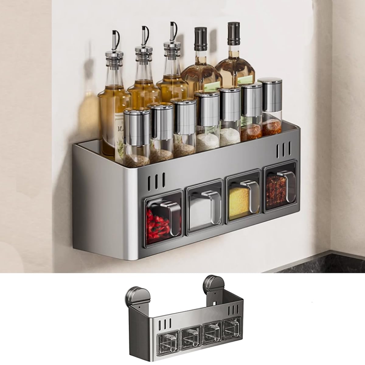 Estante para especias con botes de especias, montaje con ventosa, organizador de especias, soporte para especias de pared con gran capacidad, sin taladrar, soporte para especias para cocina
