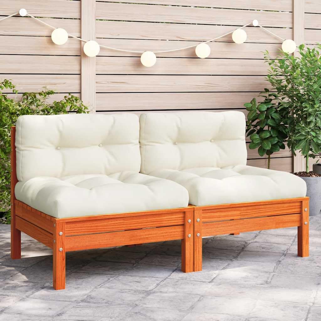 Rustic Armless Garden Sofa in Wax Brown and Cream, Solid Pine Wood Outdoor Furniture with Plush Zip Cushions, Modular Design for Terrace and Patio, Weather Resistant Slatted
