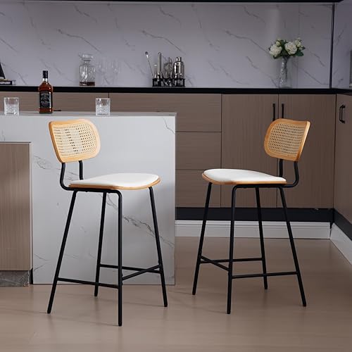 Miniatura 4 de HEAH-YO Juego de 2 taburetes de ratán de 26 pulgadas de altura de mostrador con respaldo de ratán y patas de madera, taburetes de cocina de piel