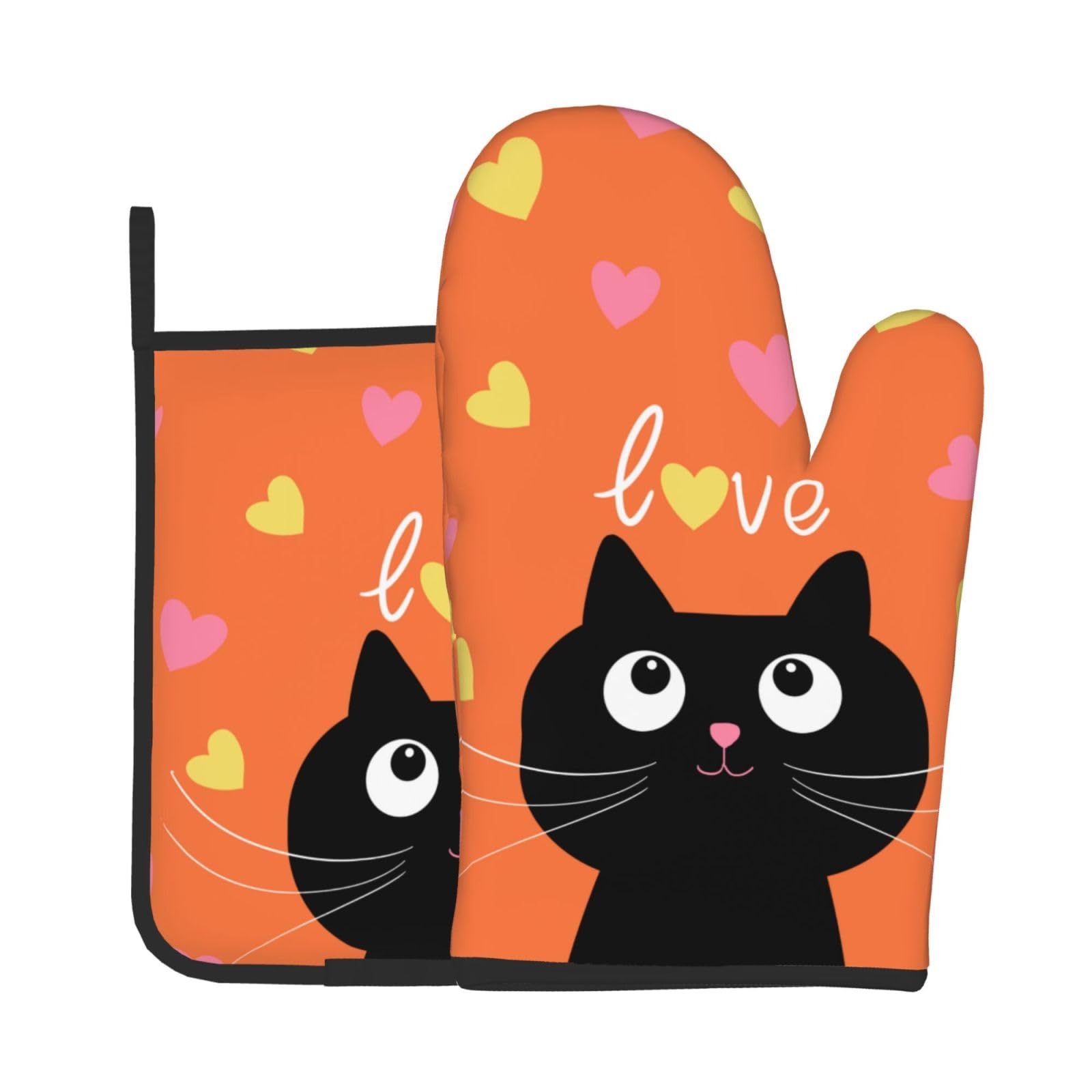 Cute Black Cat Oven Mitts and Pot Holders Sets 2 Pack