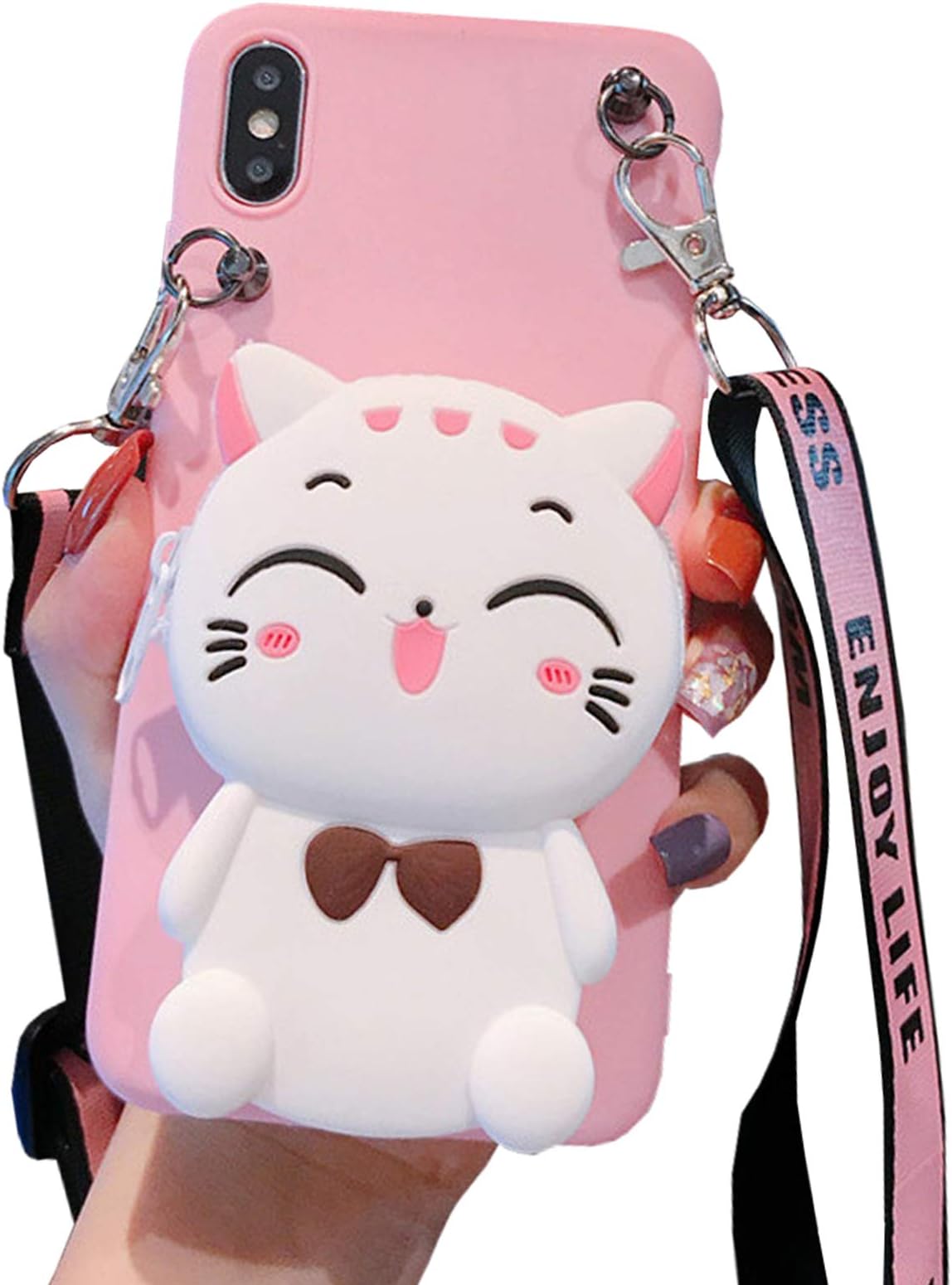 Wallet Case for iPhone 11 Pro with Strap Lanyard Cute Cat Pink Coin Purse Funny Phone Case Kawaii Soft Silicone Shockproof Cover for Women Girls