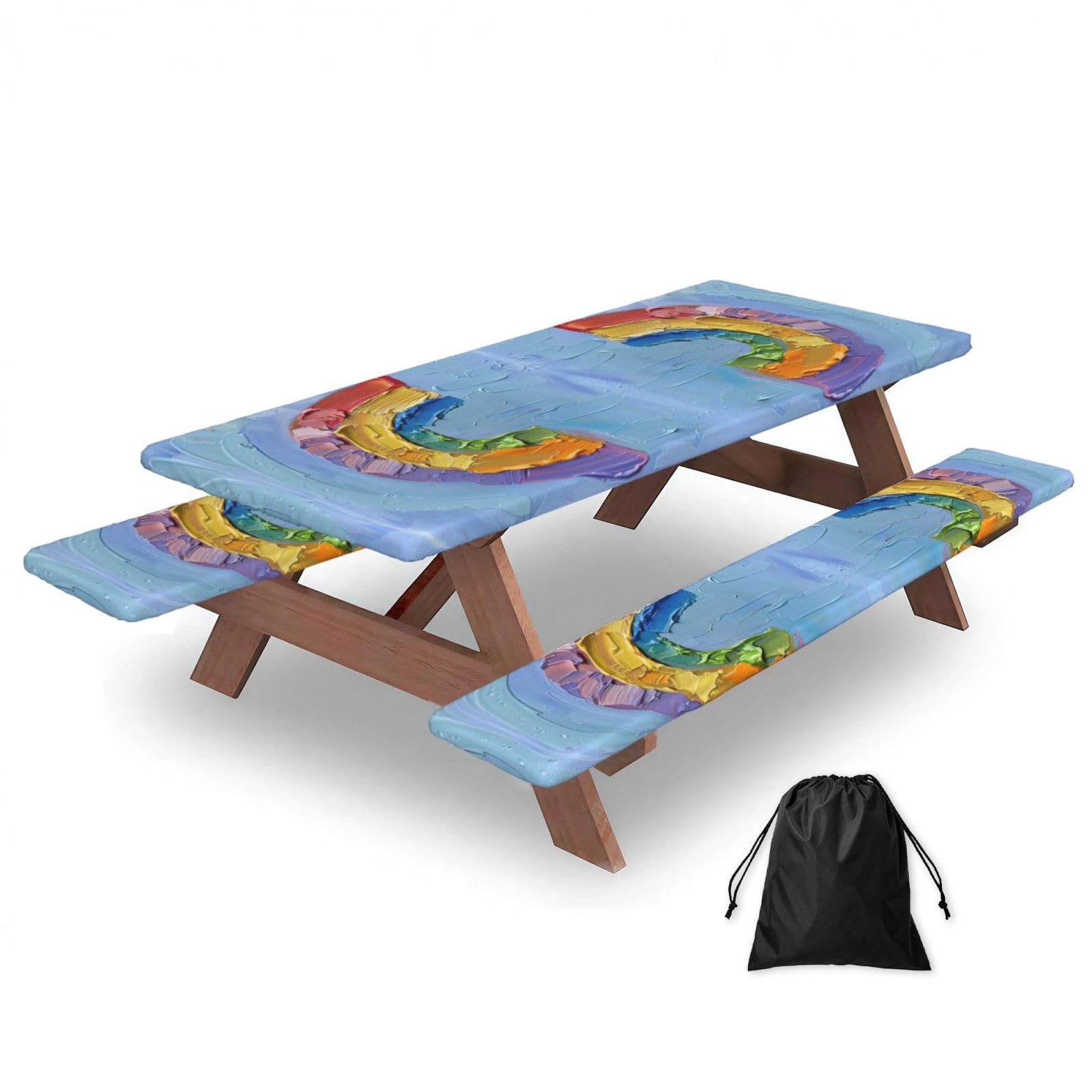 Zyjhyy Black Small Rainbow Print 3 Pack Wipeable Picnic Bench Cover And Table Cover Lightweight Table Cloth For Camping Outdoor