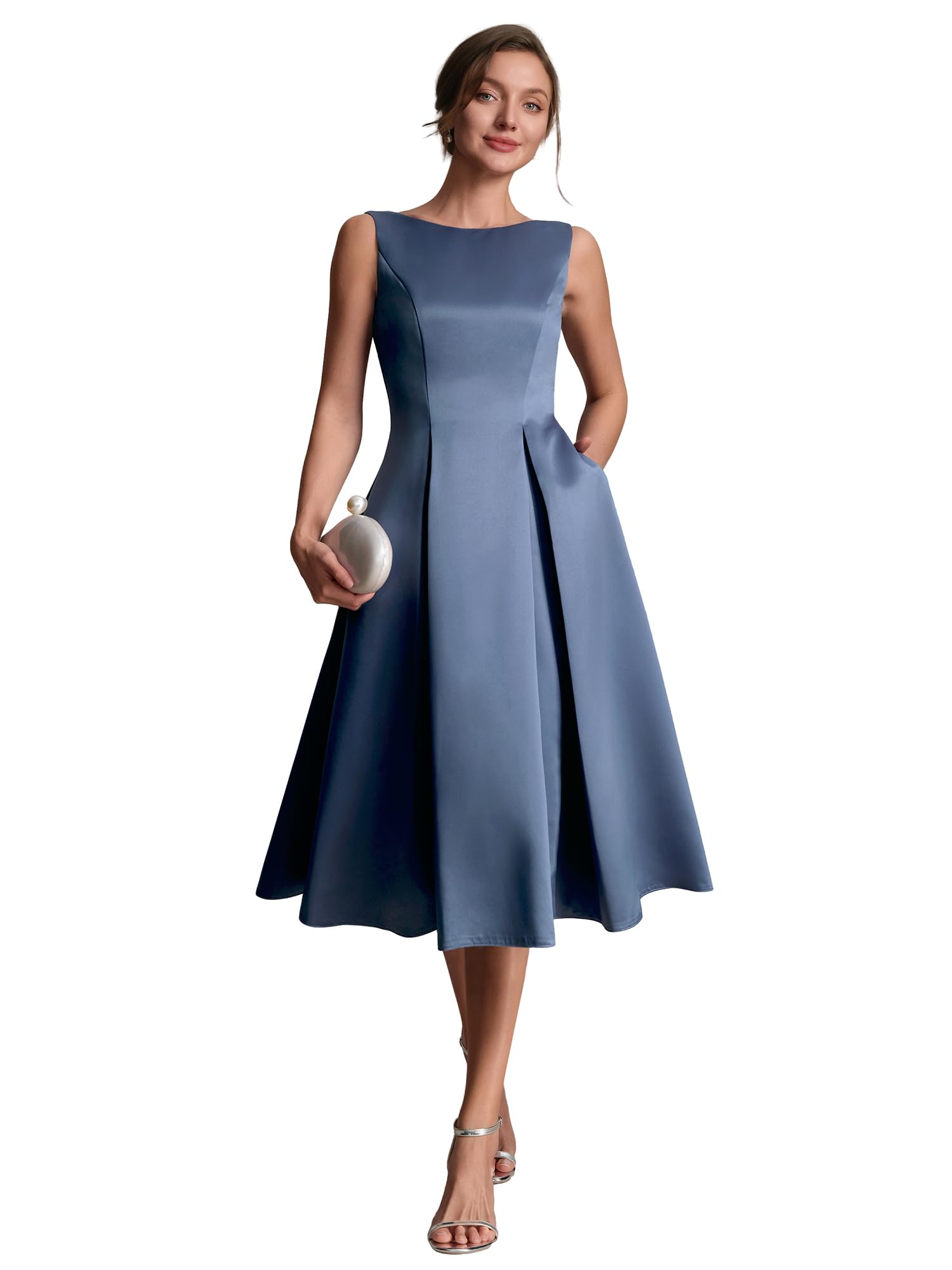 Ever-Pretty Robes d'Invité de Mariage Col Bateau sans Manche Satin Midi Poche EG02775
