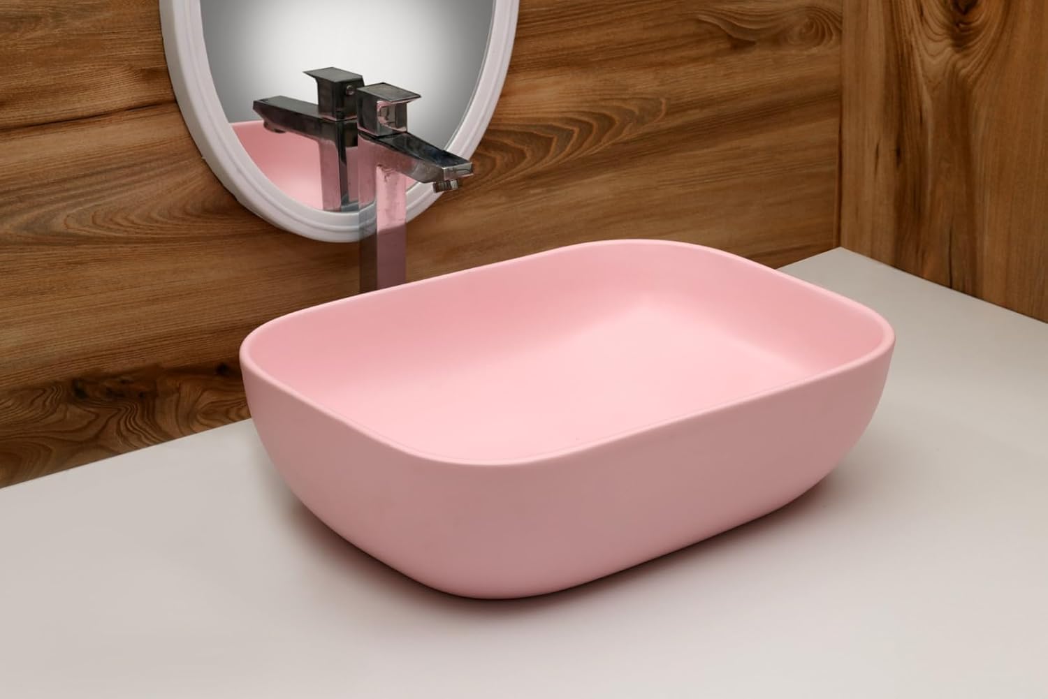MAHISRE Ceramic Countertop Wash Basin | Designer Table Top Bathroom Basin Sink | Vessel Sink Wash Basin Over Counter for Bathroom, Hotel, Home Living Room (18x13x5.5 Inch) (Matte Pink)