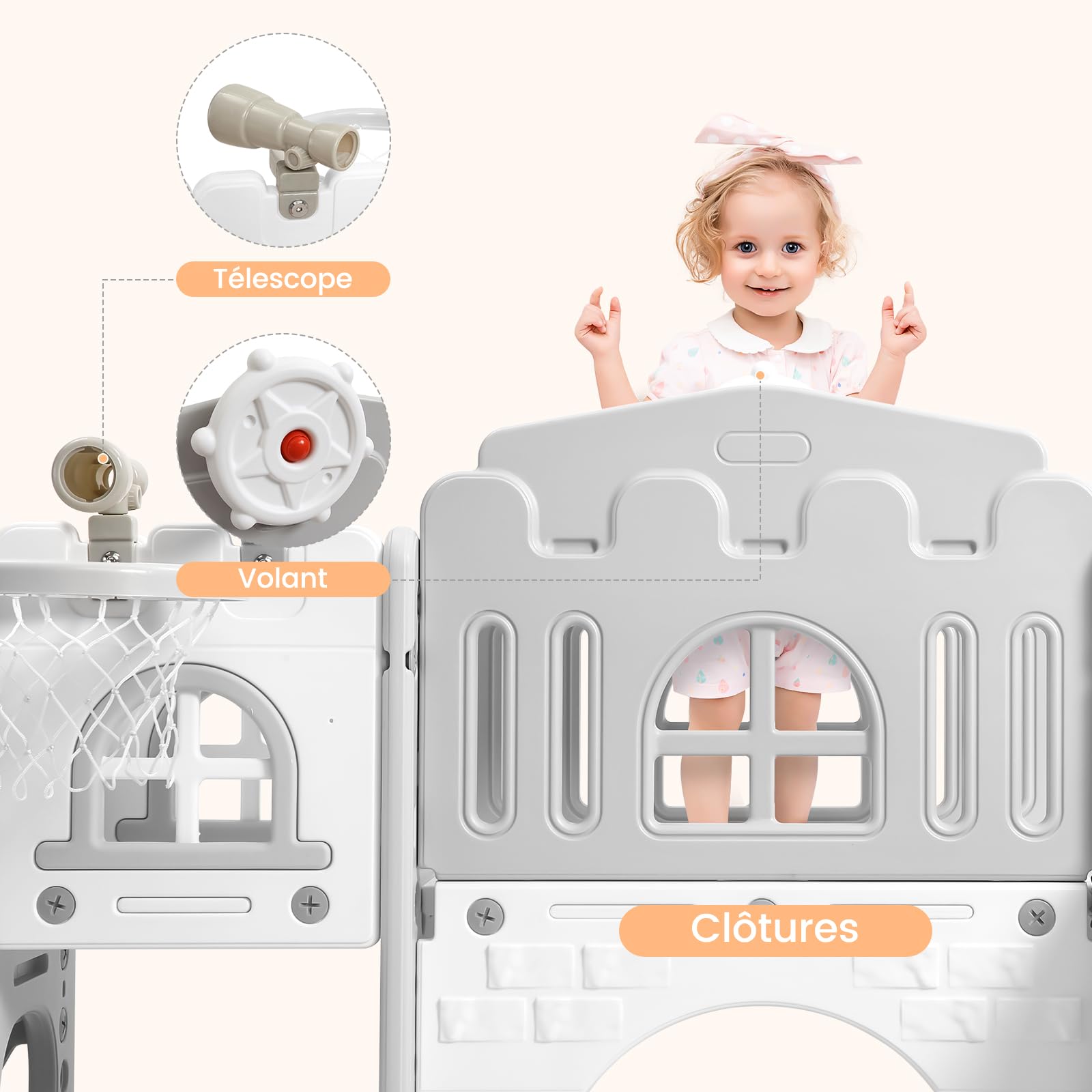 Tobogán Infantil 8 en 1 con Cesta de Baloncesto, Toboganes Infantiles Exteriores y Interiores con Escalera de Escalada, Telescopio y Túnel de Juego, Espacio de Almacenamiento, 1+ (Gris)