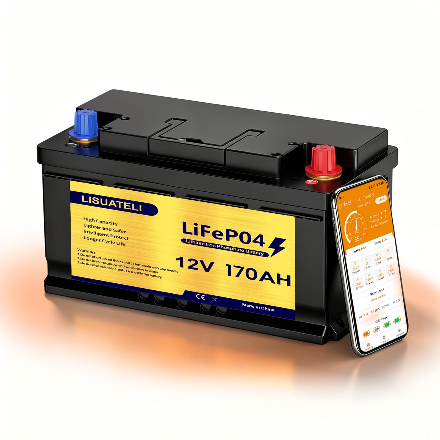 Batterie LiFePO4 auto-chauffante 12 V 170 Ah, BMS intégré, surveillance par application, batterie au lithium à cycle profond pour camping-car, système solaire, camping, marine, hors réseau, moteur de