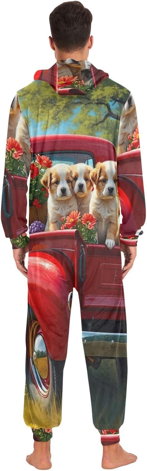 GAIREG Puppy Truck Flowers Christmas Onesie for Adult Women, Mens Womens House Wear