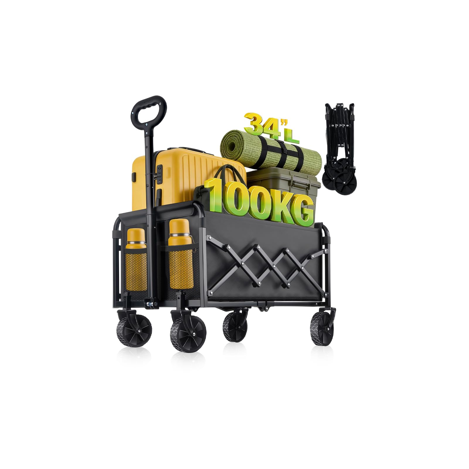 Photo 1 of 100KG Collapsible Foldable Wagon Carts - Heavy Duty Portable Folding Utility Wagons with All-Terrain Wheels for Grocery Sports Shopping Camping Garden Beach, 2 Drink Holders/Lightweight/Black