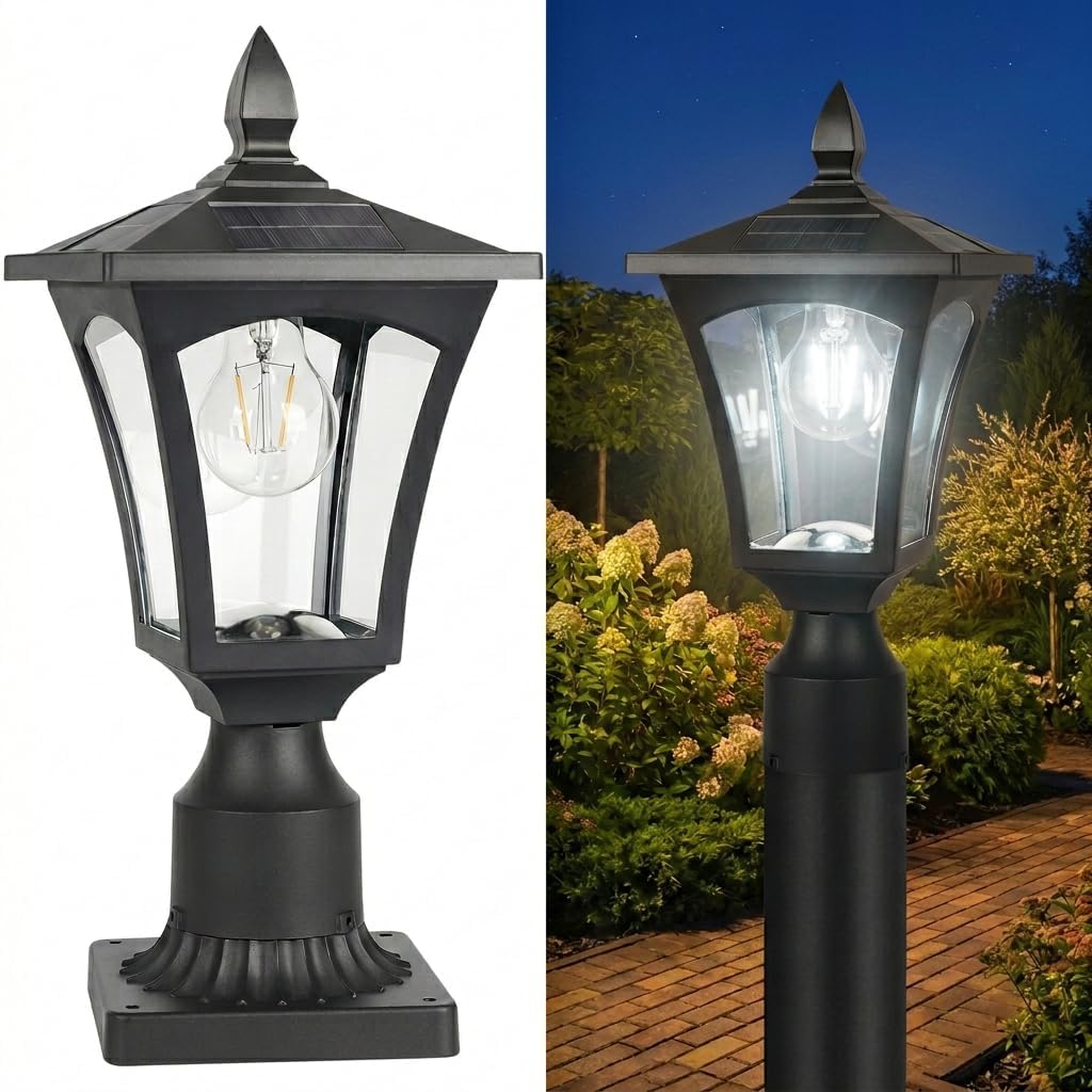 Eyrosa Outdoor Solar Lamp Post Light with Glass Shade & Pier Mount Base, IP45 Waterproof Dusk to Dawn Solar Post Lantern, Warm White for Garden, Yard, Fence, Deck & Holiday Décor