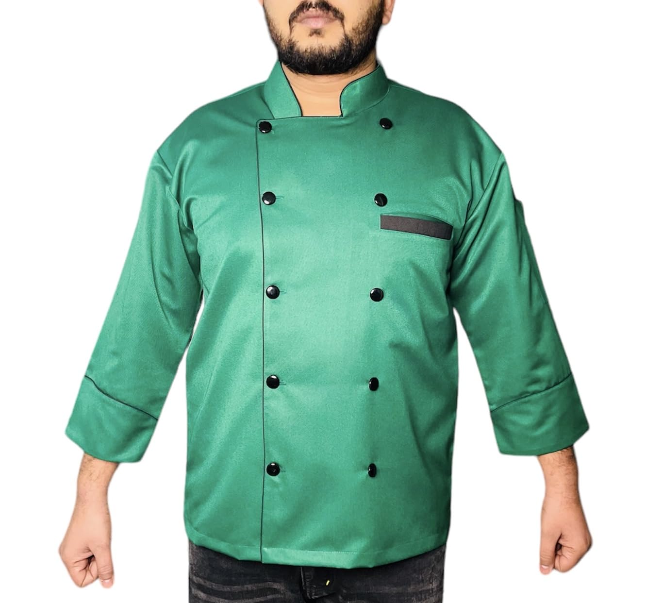 Generic Unisex Chef Coat Kitchen Long Sleeve Chef Jacket for Men and Women, Black (Green and black piping, XX Large)