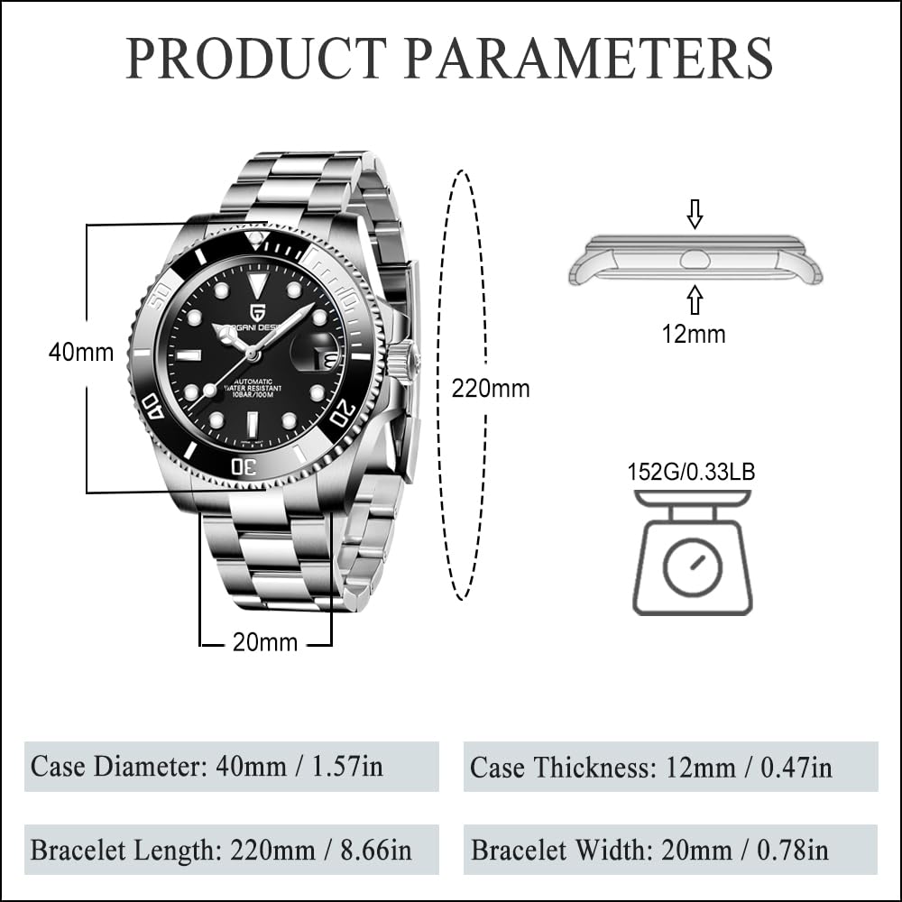 Pagani Design Herrenuhr Automatik Mechanische Uhr, NH35/8215 Uhrwerk, 40mm Saphirglas 316L Edelstahl, 100M Wasserdicht Geschäfts Uhren