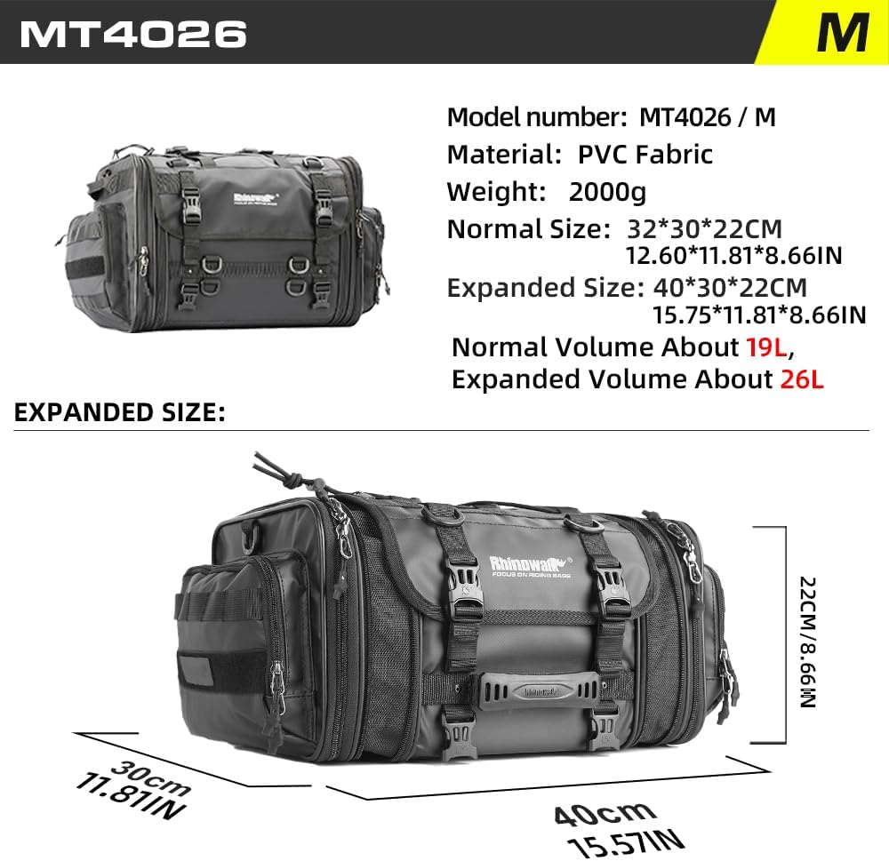 Rhinowalk Motorcycle Tail Bag Expandable 19-26L Motor Travel Luggage Motorbike Rear Rack Trunk Storage Bag with Waterproof Rain Cover Motorcycle Accessories,Black - Image 6