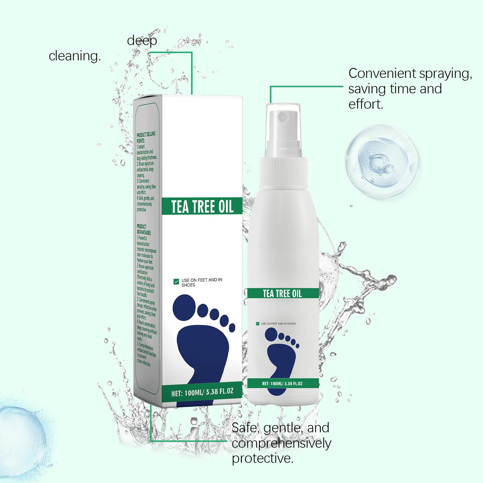 Spray para pies con aceite de árbol de té, control de olores para pies malolientes y piel propensa a la humedad, desodorante para zapatos y calcetines, removedor de sudor para pies, ambientador de
