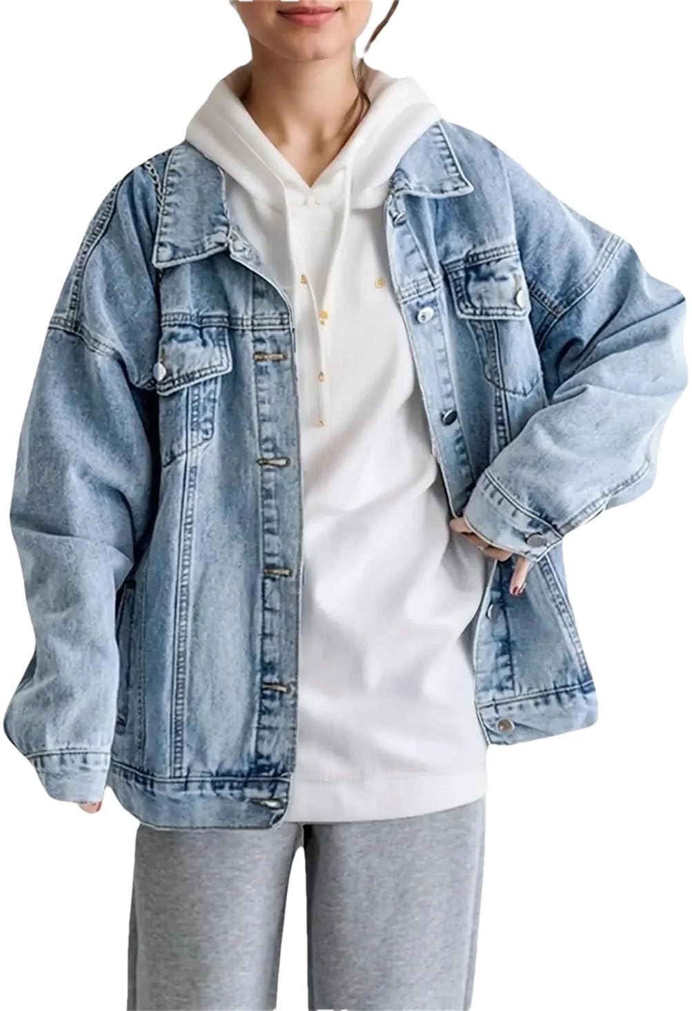 Kobiety luźne kieszenie dżetów denim płaszcz vintage casual vintage guziki styl chłopaka top