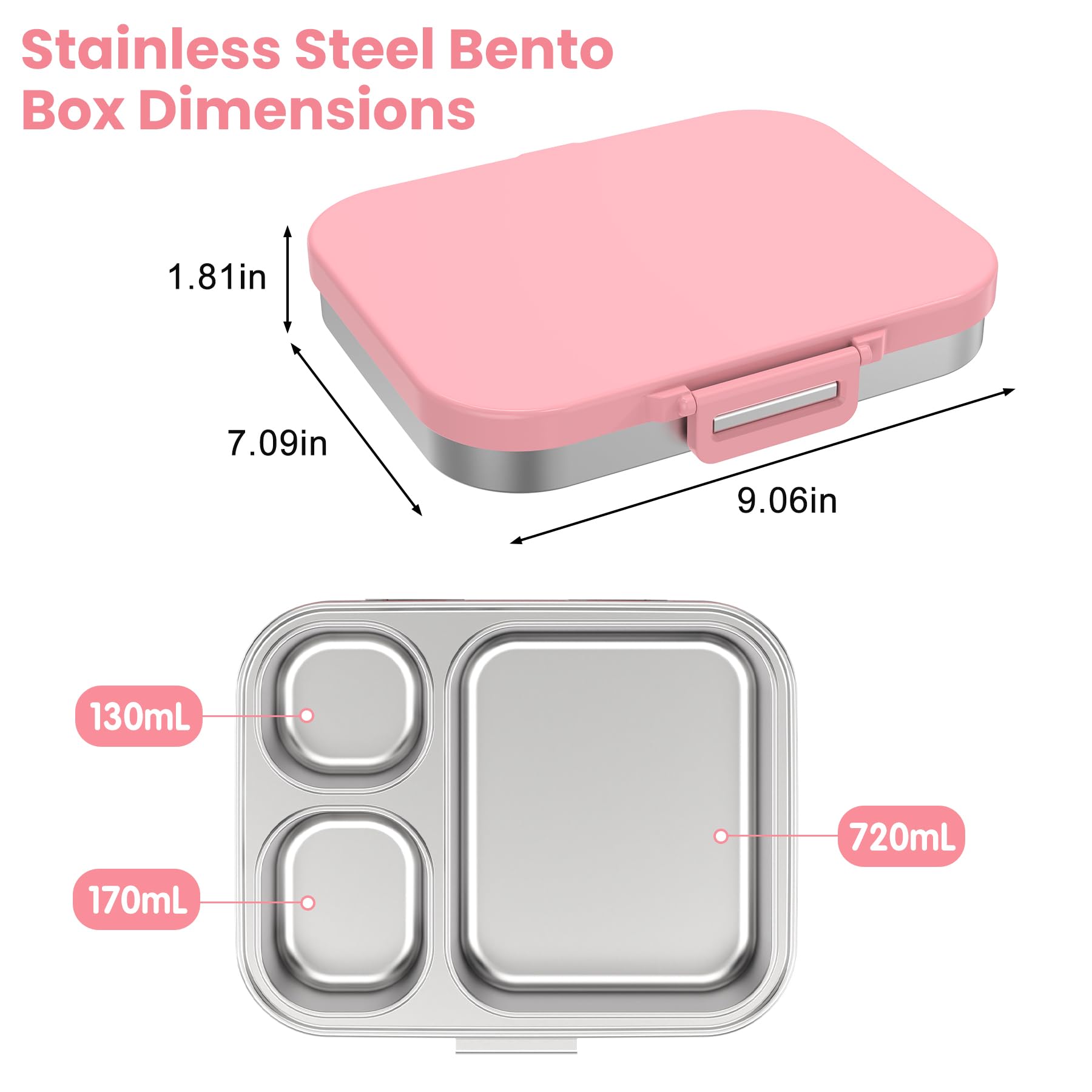 Pawtong Lonchera Bento de acero inoxidable para niños, contenedor de 3 compartimentos para niños, 100 % a prueba de fugas, apta para lavavajillas, ecológica, control perfecto de porciones para comidas