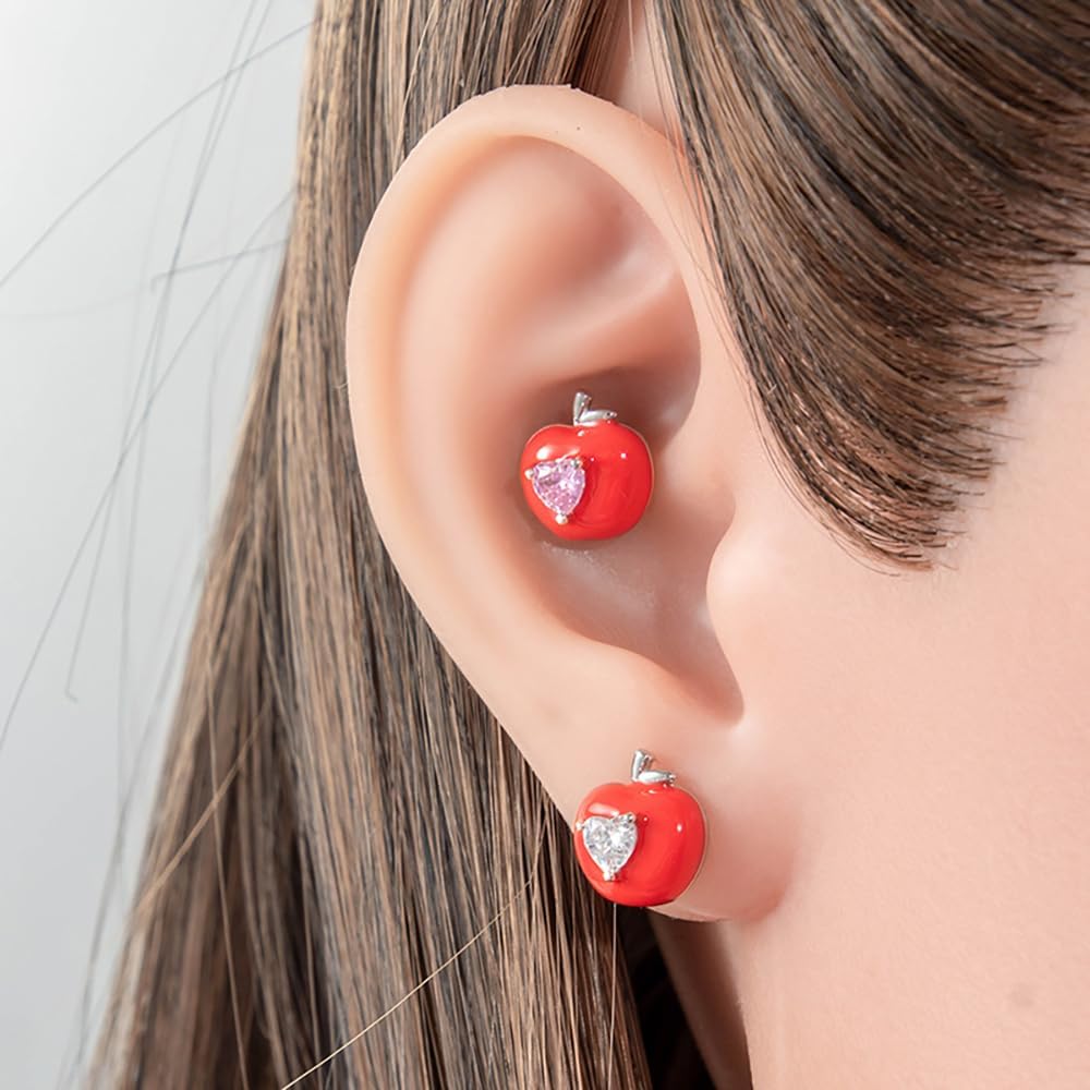 Cute Red Apple CZ Heart Cartilage Tragus Stud Earrings Stainless Steel Enamel Fruit Screw Flat Back Tiny Small Studs Earring Dainty Jewelry for Women Daughter Her 20G - Image 3