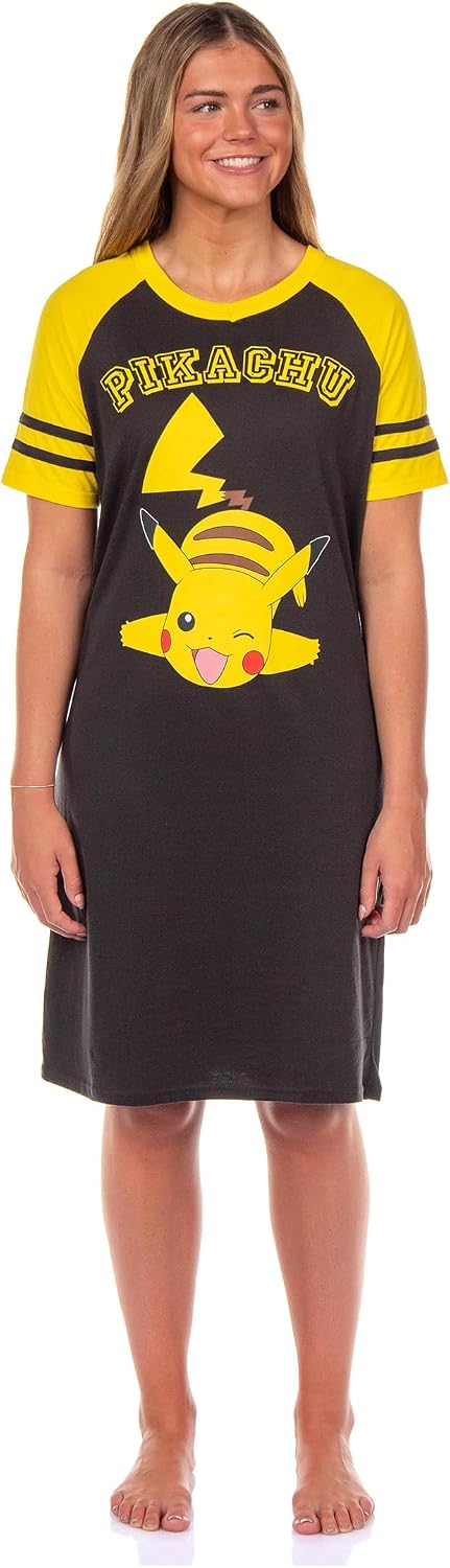 Bioworld Pokemon Pajama Women's Varsity Raglan Sleep Shirt V-Neck Nightgown