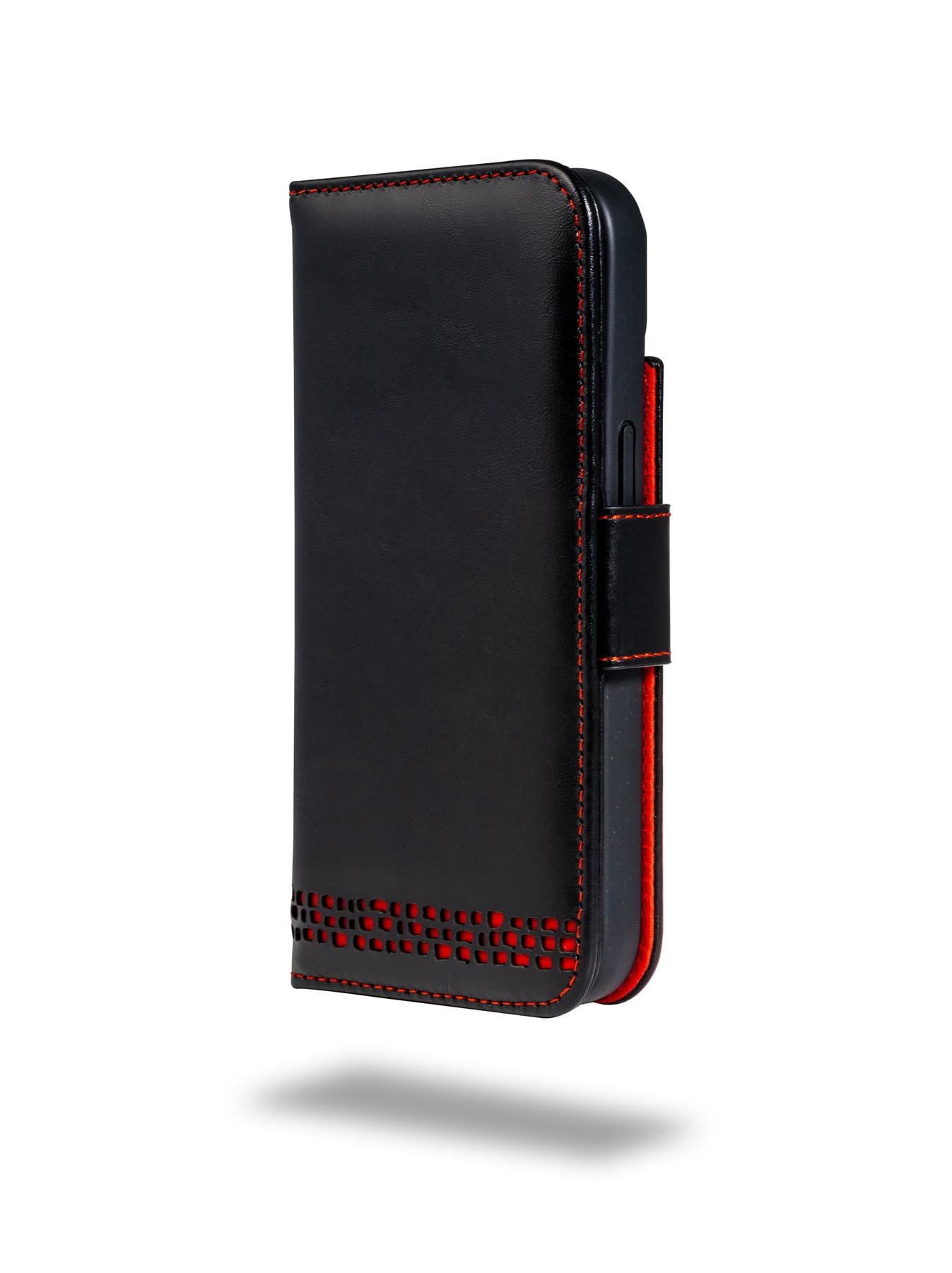 Ed Hicks Funda tipo cartera para iPhone 15 — Funda de piel auténtica con tarjetero — Bloqueo RFID — Soporte para teléfono 100% biodegradable a prueba de golpes — Negro con rojo — Pátina vintage para