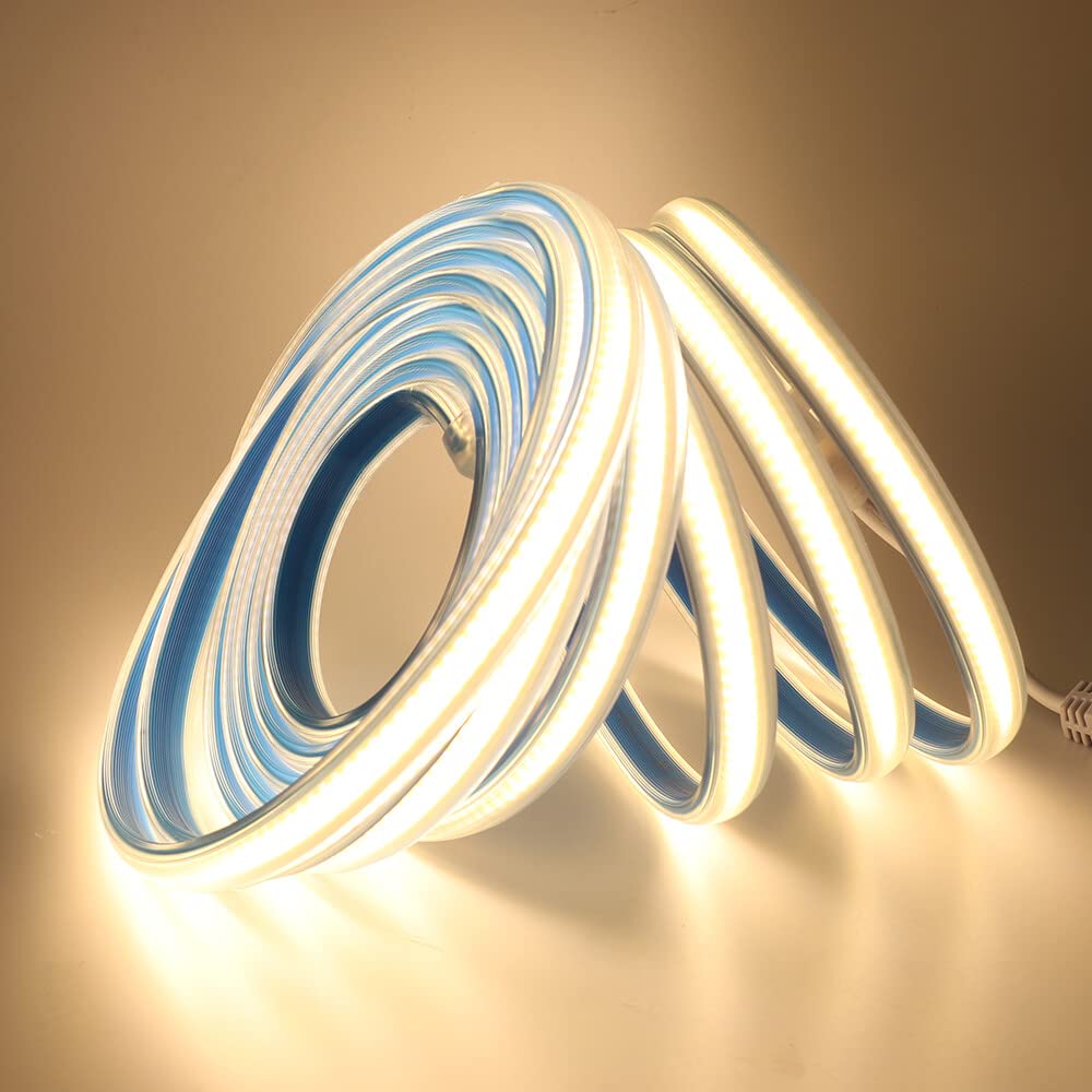 Tira LED COB 220V autoadhesiva [100M, Blanco cálido 3000-3500K], IP65 impermeable flexible, 360 LEDs/m tira LED FCOB cortable CRI85+, iluminación decorativa para hogares y tiendas