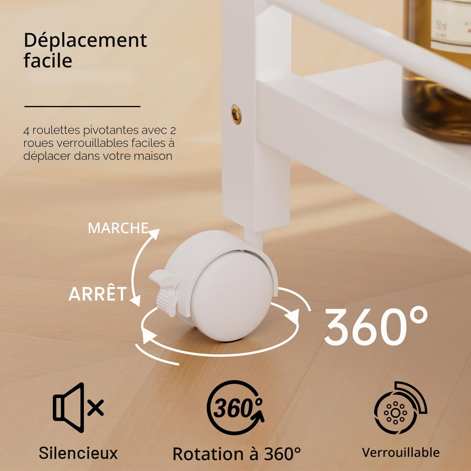 HITNET Chariot de Bar Blanc, Desserte pour Boissons, Chariot de Service à 3 Niveaux sur roulettes, Chariot de Cuisine Roulant pour la fête à la Maison