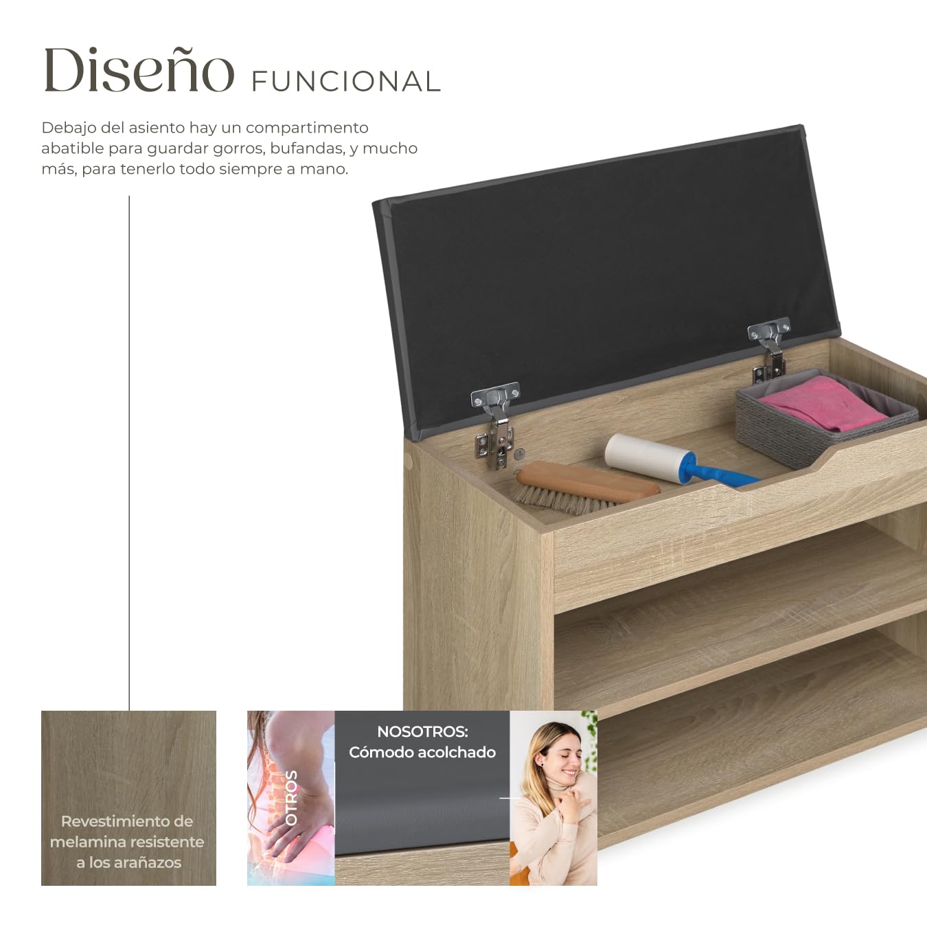 tectake® Zapatero Madera con Cojín Extraíble, Estanteria Zapatero Ajustable, Mueble Entrada Recibidor, Organizador Zapatos, Banco para Guardar Zapatos - Madera Clara, Roble Sonoma