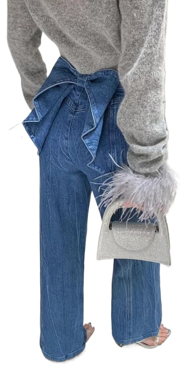 Y2k Bow Denim Wide - Leg Jeans for Women Vintage Streetwear Y2K Bow High-Waist Denim Pants