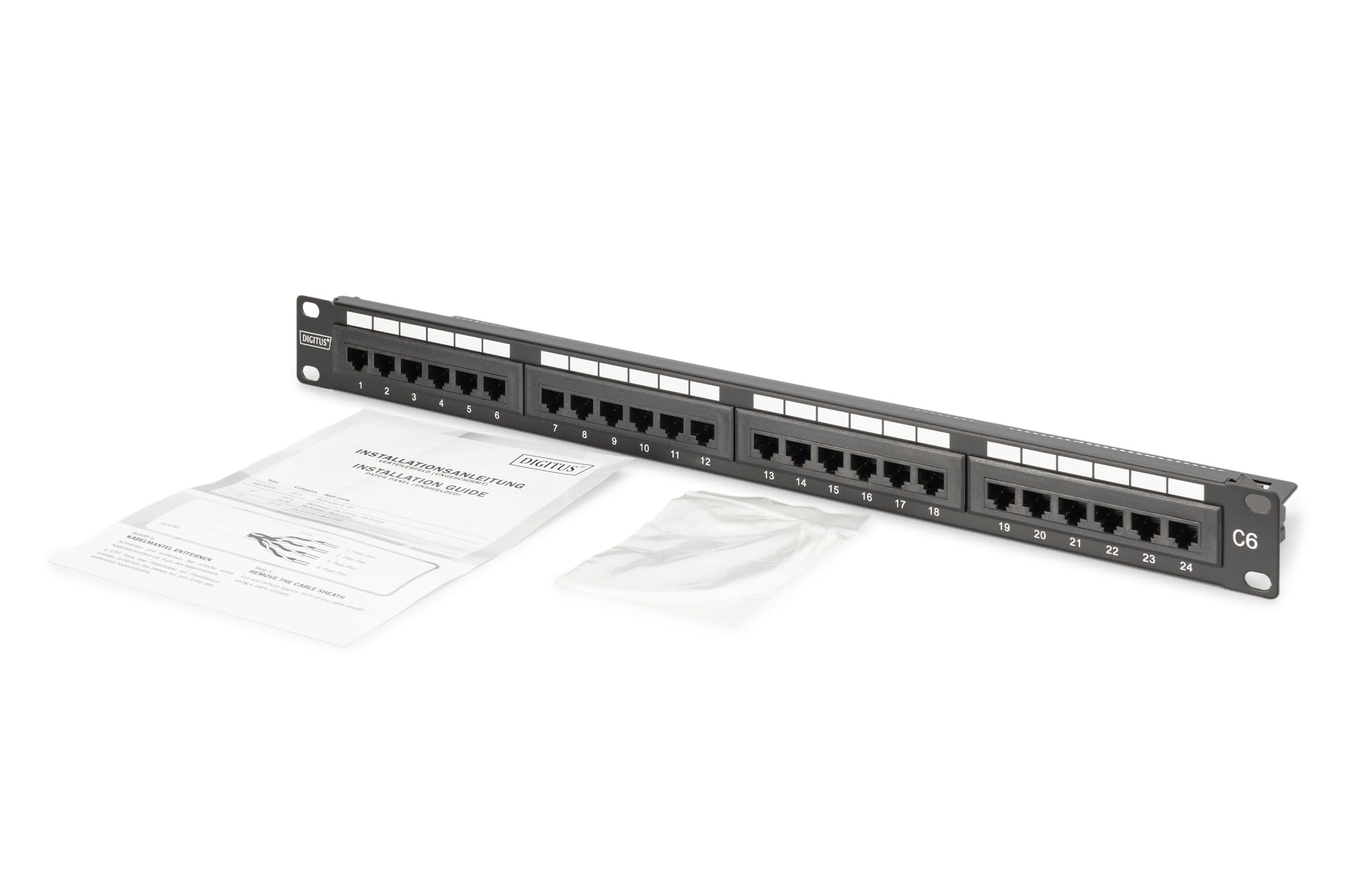 DIGITUS Patch panel da 19 pollici – CAT 6 – Patch-panel LSA – 24 porte RJ45 – Non schermato – Montaggio su rack 1 U – Nero