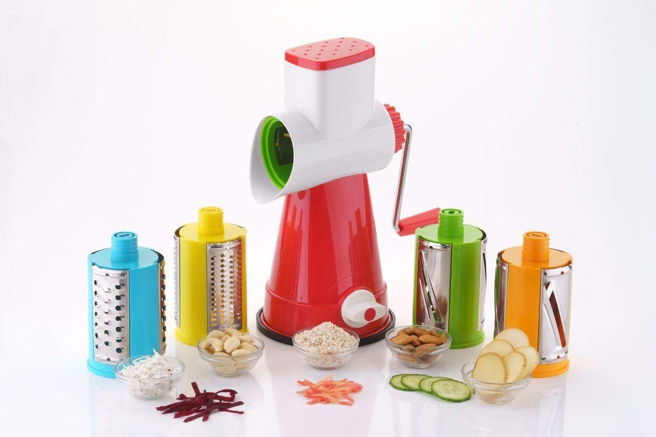 RASODA IMPEX 4 in 1 Drum Grater Shredder Slicer for Vegetable, Fruits, Chocolate, Dry Fruits, Salad Maker with 4 Different Attractive Drums | Plastic and S.S. Material | Portable Design.