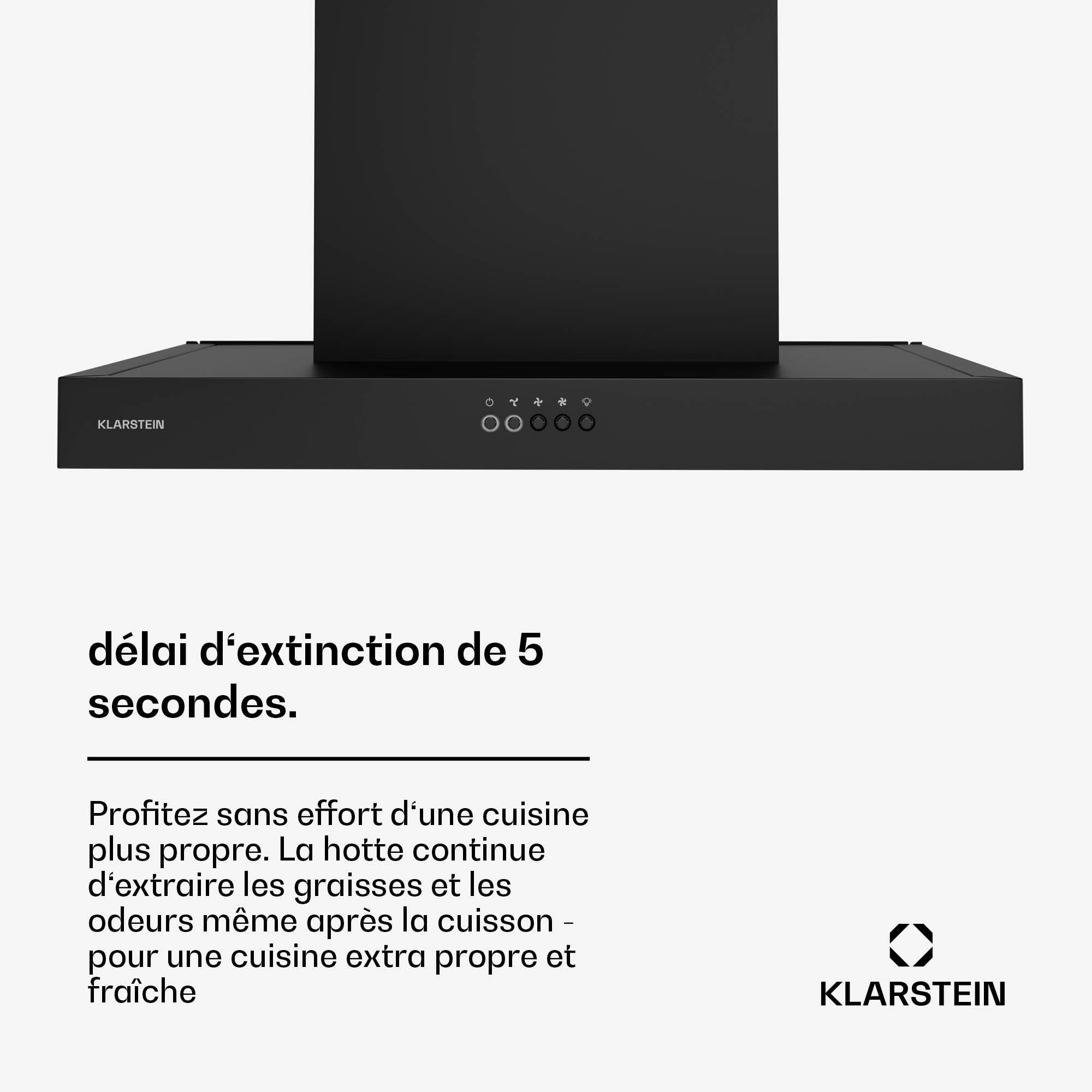 Klarstein AeroClean Hotte Aspirante - 60 cm Hotte murale, Débit 721 m³/h Boost, CEE A++, LED 3800-4200 K, Silencieuse 52 dB, Filtres à chicanes & Charbon, Noire