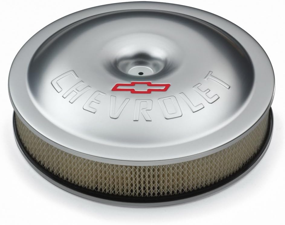 Proform 141-693 Clear Anodized 14" Diameter Aluminum Air Cleaner Kit with Raised Chevrolet/Red Bowtie Logo and 3" Paper Filter
