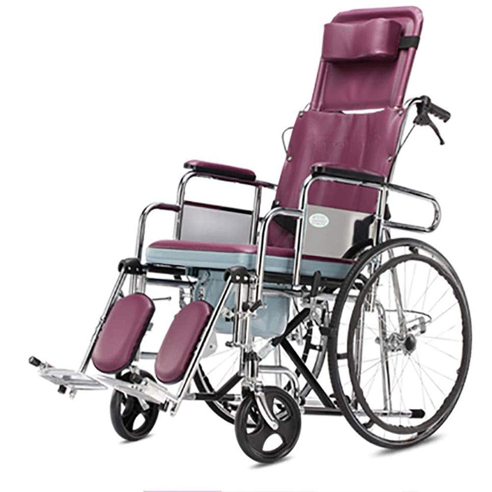 Folding Self Propelled Wheelchair,Full-lying Wheelchairs Folding, Lightweight Self-Propelled Wheelchair Portable Comfort Wheelchair with Swing-Away Footrests and Brakes, with Commode For Seniors (Pur