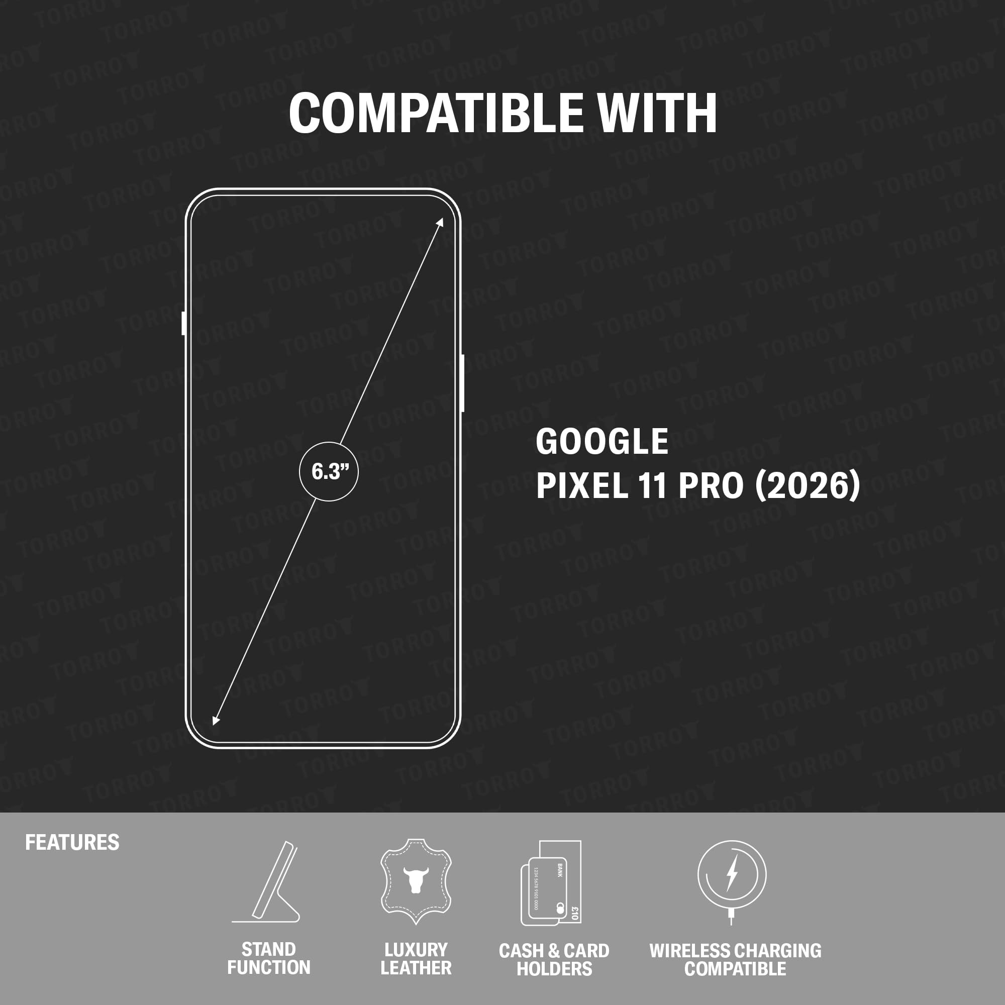 TORRO Skórzane Etui Kompatybilne z Google Pixel 11 Pro 6.3” 2026 – Premium Skórzane Etui Portfelowe z Podpórką i Przegródkami na Karty (Czarny z Czerwonymi Detalami)