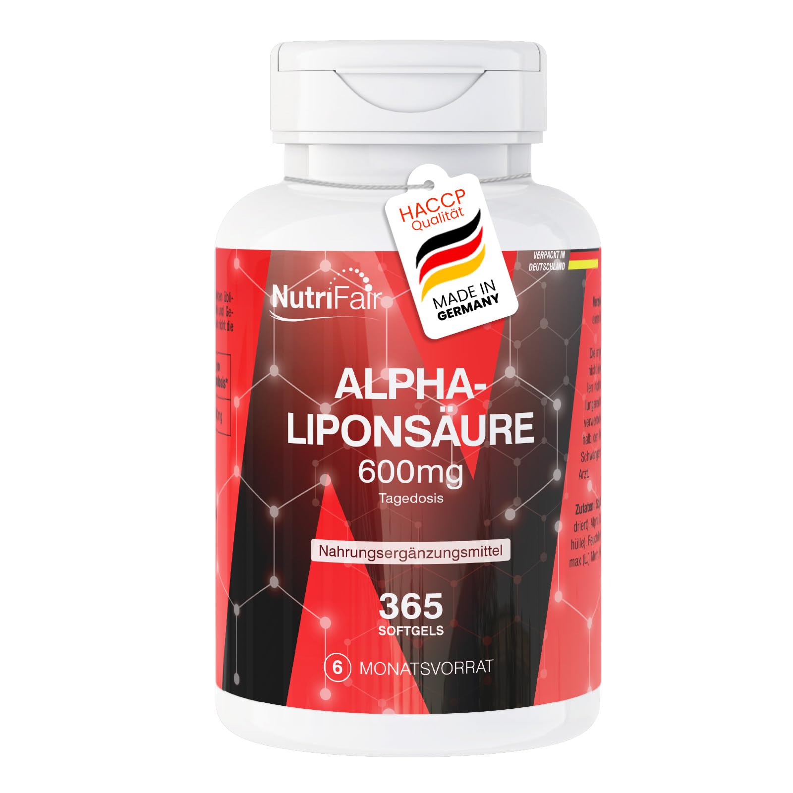 acide alpha-lipoïque 600mg, 365 gélules molles, 600mg par jour, hautement dosé, ALA (acide alpha-lipoïque), faciles à avaler, fabrication allemande et contrôles en laboratoire
