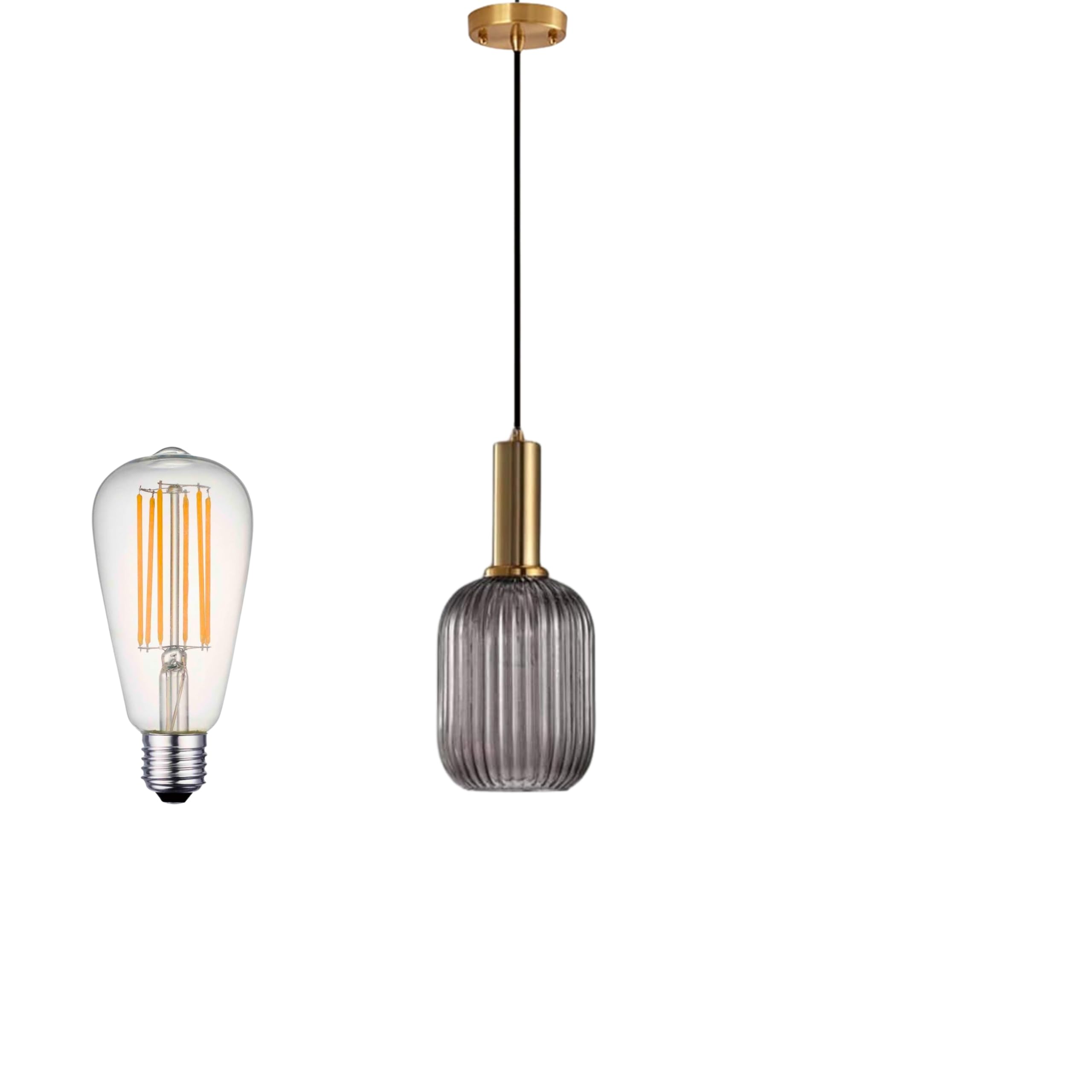 Modern Pendant Light Ribbed glass Fixtures Vintage Ceiling Light - Include E27 Bulb - Hanging Lamp Ceiling for Kitchen Living Room Restaurant Living Room and Study Room (Smokey Grey, Cylinder (13cm)