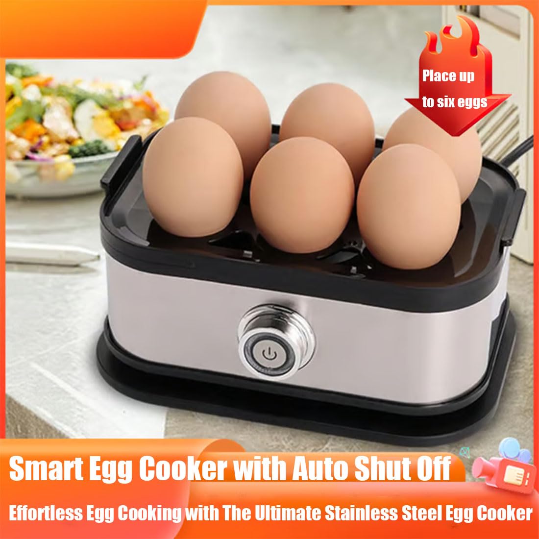 Smarter Eierkocher mit Abschaltautomatik – Müheloses Eierkochen mit dem ultimativen Eierkocher aus Edelstahl. Elektrischer Eierkocher für 6 Eier (hartgekocht, mittelhart, pochiert) (1Pcs)