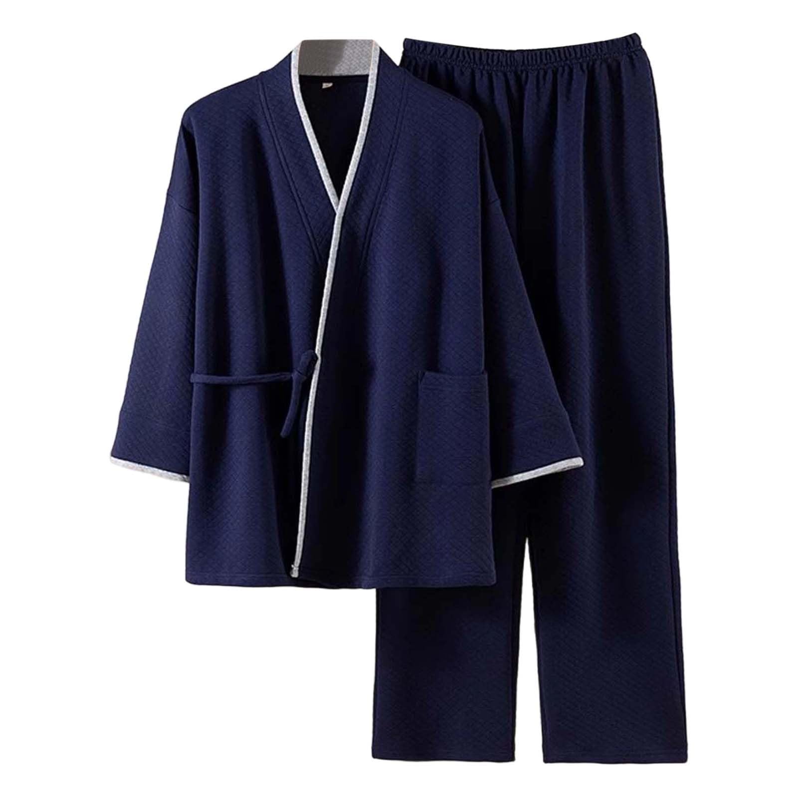 Conjunto de pijama de tela de poliéster para hombre, estilo kimono, cuello chal y botón frontal, ropa de hogar suave para ropa de dormir, noches en casa, estancias de viaje, con estilo práctico para
