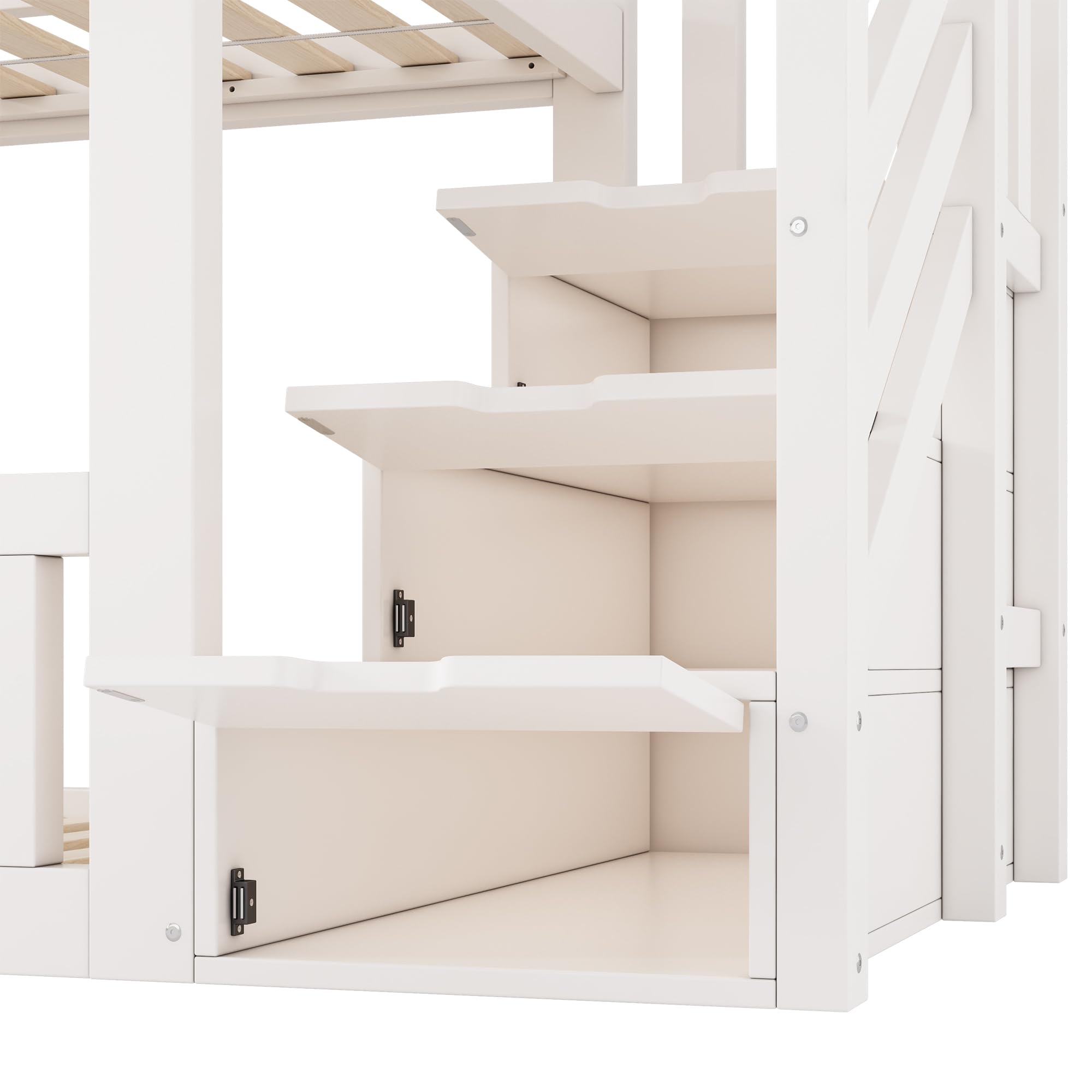 Etagenbett 90x200 cm mit Treppe Stauraum und Fenster, Kinderbett mit Geländer, Hochbett mit Weiß im Hüttenstil, Stauraumbett, Holzbett, Weiß-D(Ohne Matratze)