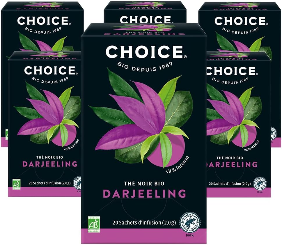 CHOICE – Darjeeling, Thé noir, 100% Bio, Vif & Intense, récolté à la main, 120 (6×20) Sachets de Thé thermosoudés et sans Agrafe