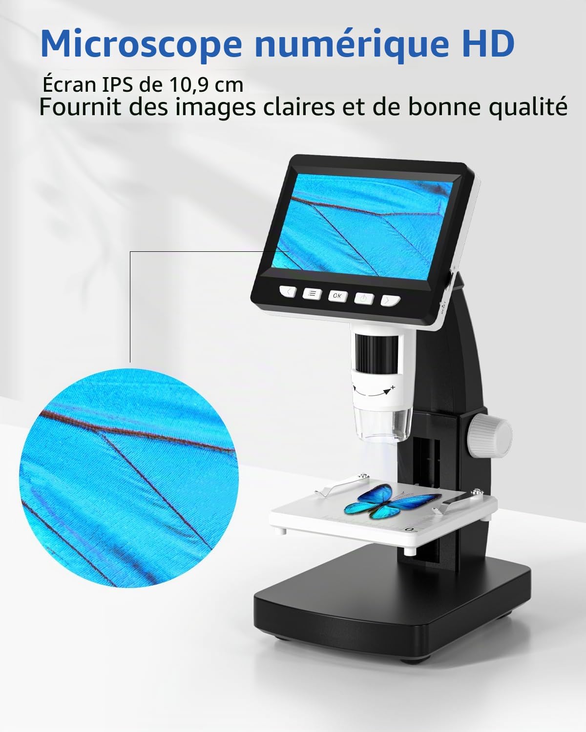 Microscope Numérique Enfant/Adulte, Loupe avec Un Écran de 4,3 Pouces et 8 LED, Grossissement 50x-1000x, Compatible avec Windows/Mac (306-B)