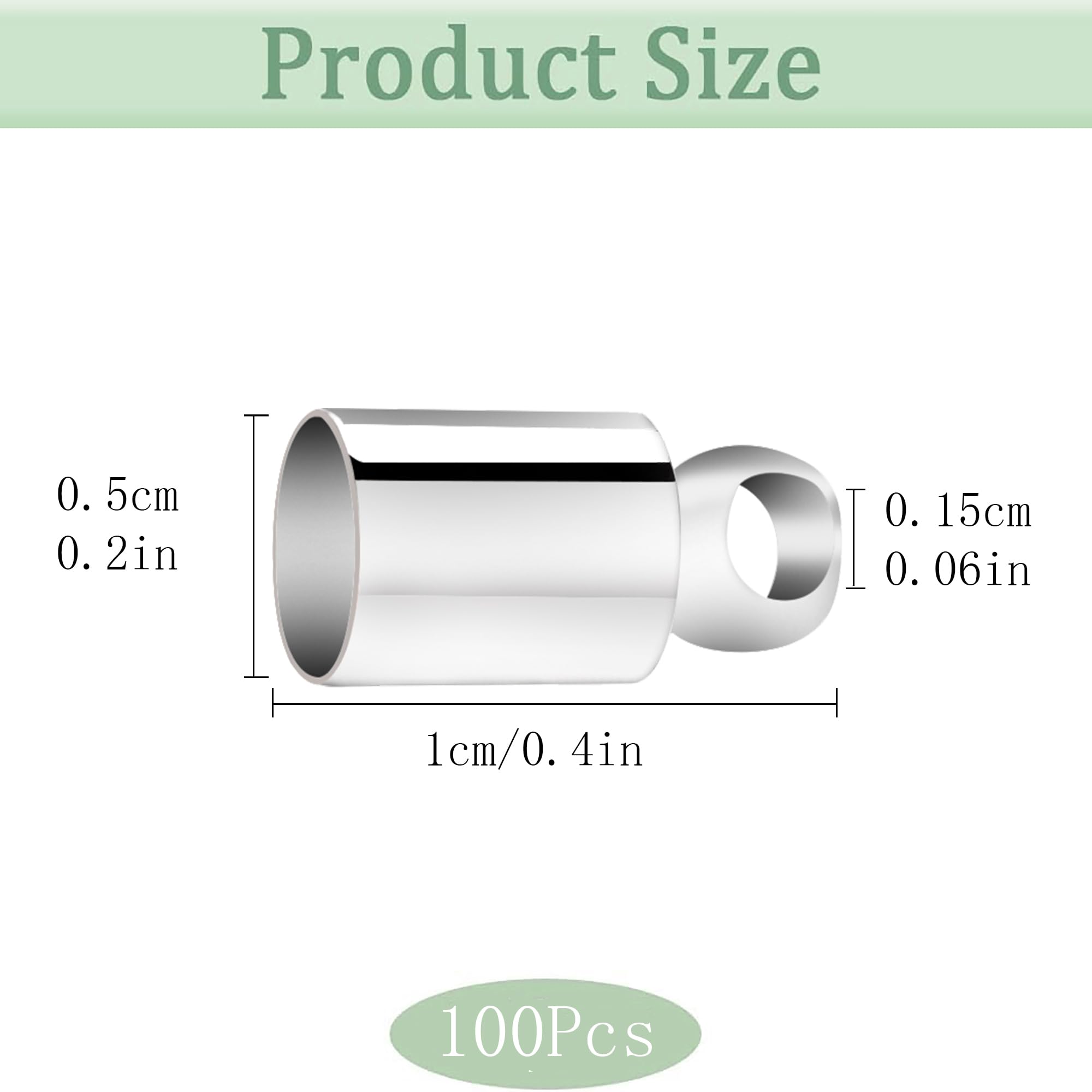 100pcs Stainless Steel Cylindrical Rope Ends, Jewelry Making Accessories, Hole Diameter 0.06inch, Inner Diameter 0.2inch, Suitable for DIY Crafts and Gifts