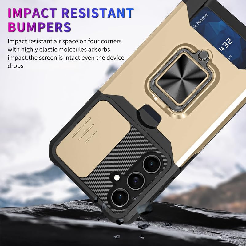 Image of LuxuryKase Shockproof Armor Case for Samsung Galaxy S24 FE | Slide Camera Cover | Hidden Card Slot | Rotating Ring Kickstand | Magnetic Car Mount Support | Military Grade Protection - Gold