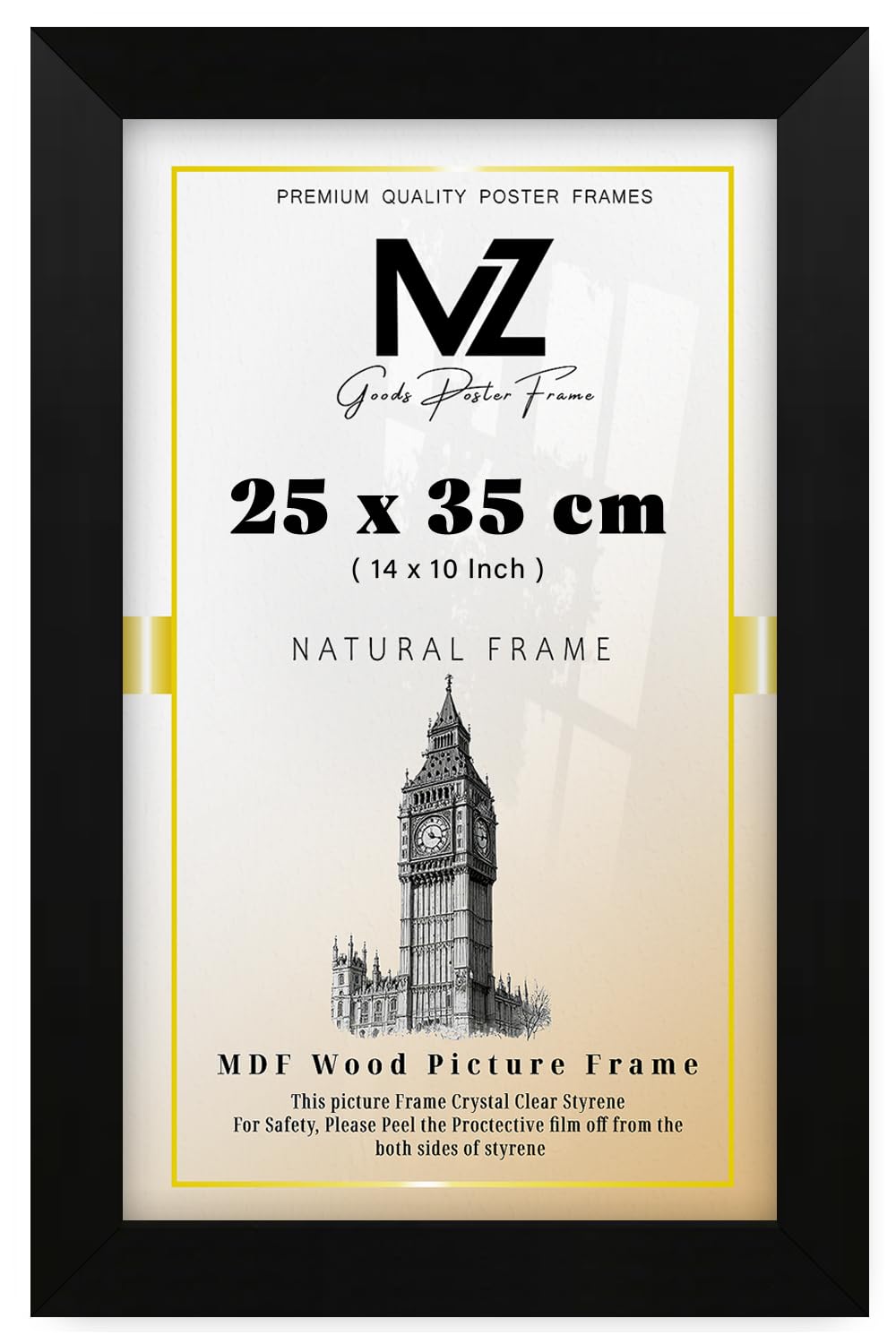 MZ GOODS | MDF Wood Poster Frame (25 x 35 CM) 0' 10" x 1' 2" Ideal for Home & Office Décor, Perfect for Wall Gallery & Gift, Sturdy MDF Build with Hanging Hooks [ Matt Black ]