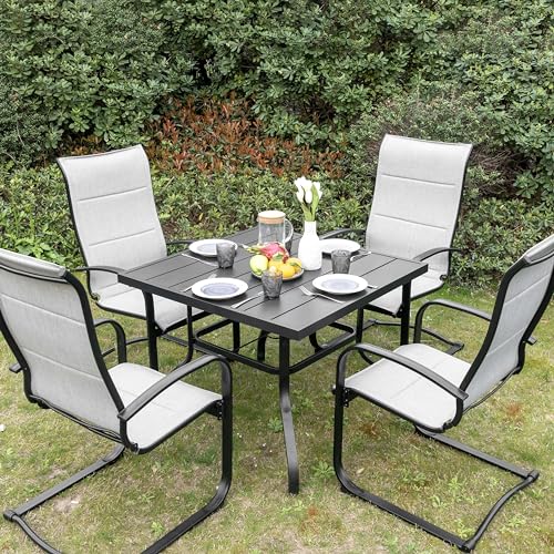 Image of NUU GARDEN 5 Piece Outdoor Dining Set, 4 Textilene Dining Chairs and 37 inch Square Dining Table with 1.57 inch Umbrella Hole, for Backyard, Patio, Garden, Gray and Black
