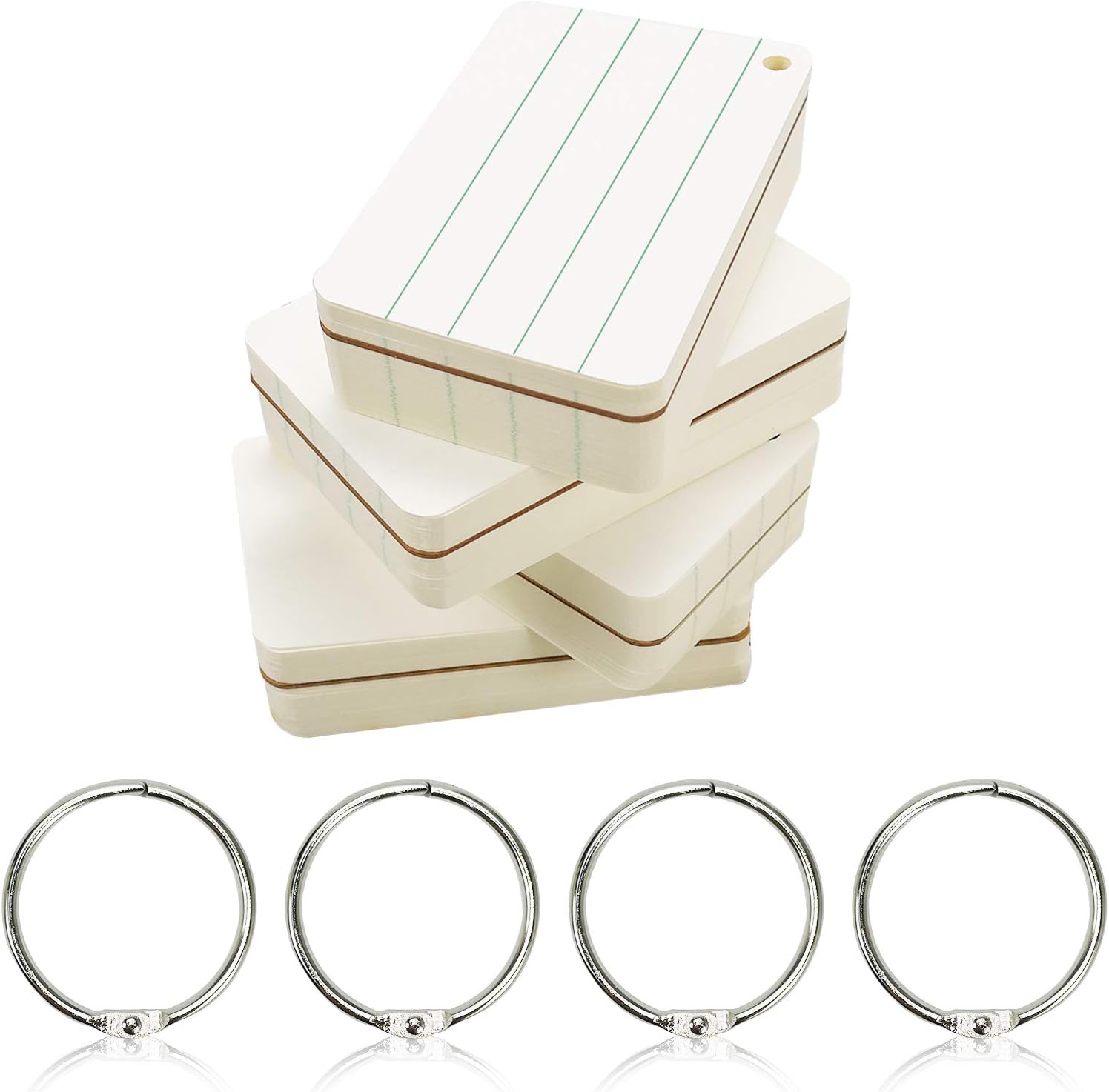 Chris-Wang200 Sheets Hole Punched and Perfed Words Study Card Flash Cards with 4 Metal Binder Rings, Style A(4 Ruled Line Front, Blank Reverse)