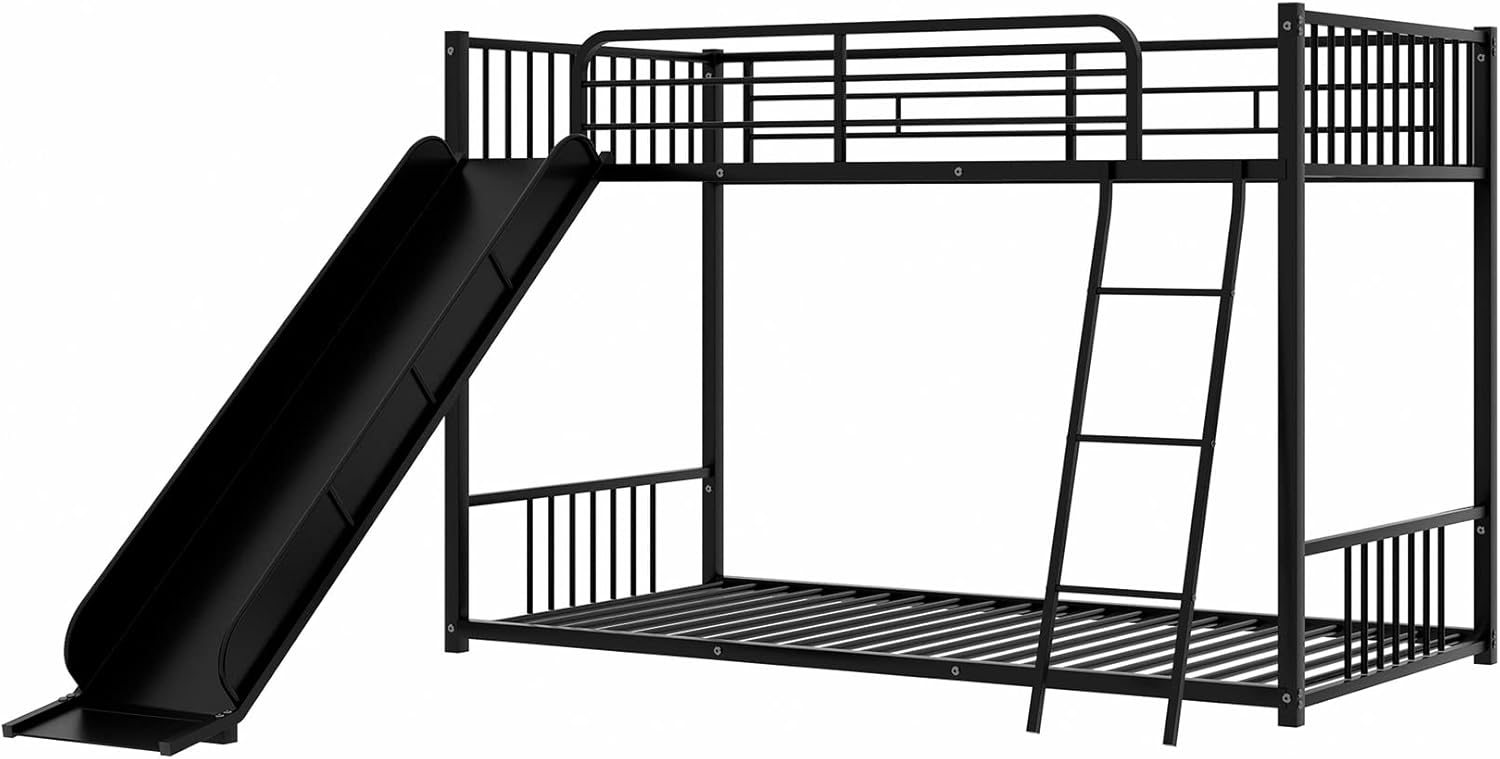 Bellemave Metal Bunk Beds with Slide Twin Over Twin Low Bunk Bed with Ladder and Slide Buffer for Kids Toddlers Boys Girls Teens, White