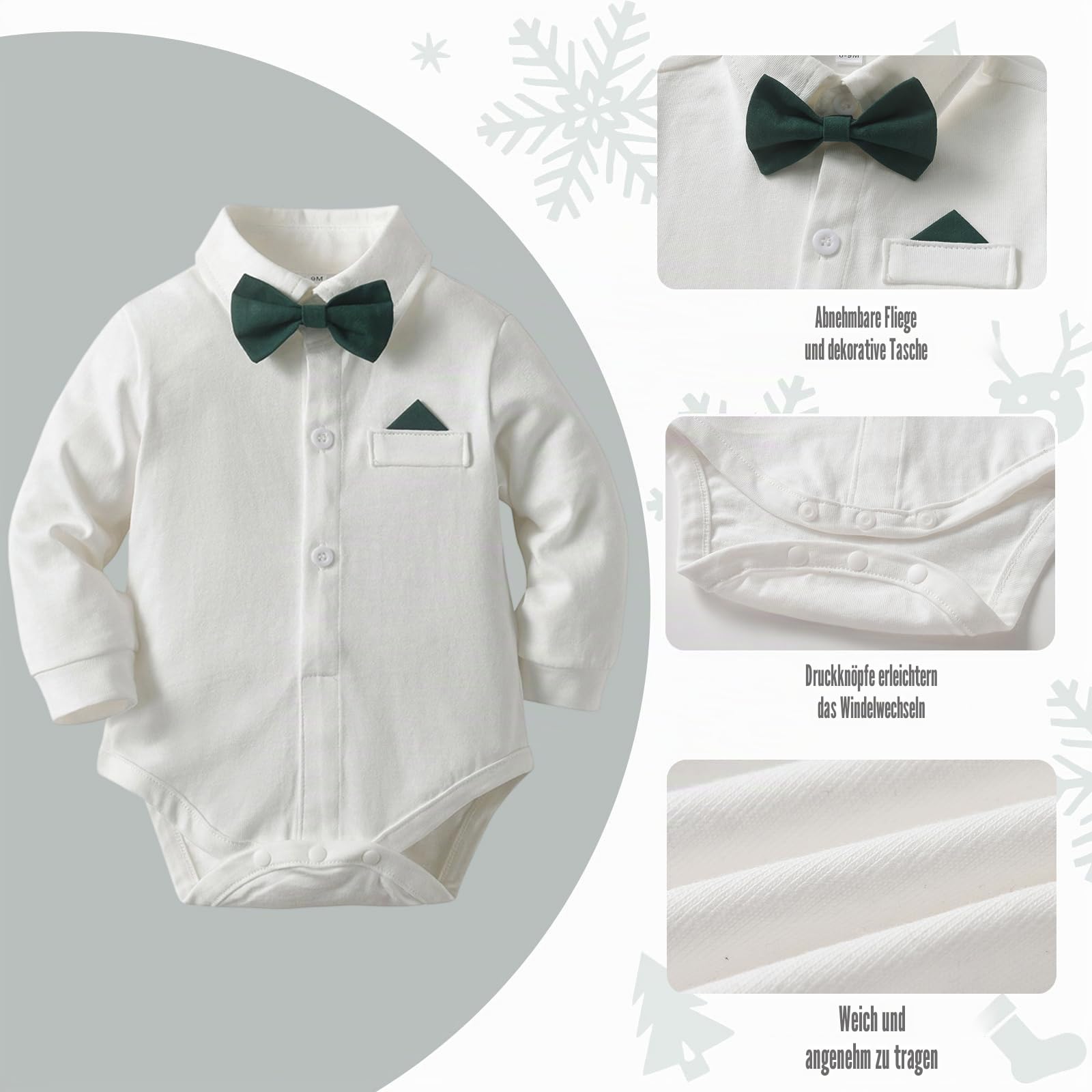 Weihnachtsanzug für Jungen mit Fliege, Hosenträger & Flachmütze - Festlicher Strampler im Gentleman-Look für Babys