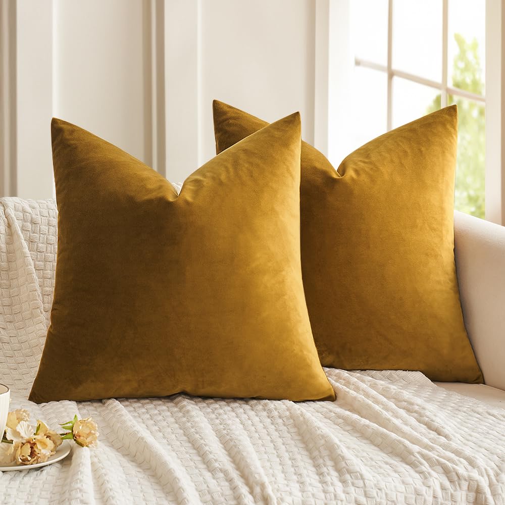 MIULEE Pack of 2 Mustard Yellow Pillow Covers 18x18 Inch Decorative Velvet Throw Pillow Covers Modern Soft Couch Throw Pillows Farmhouse Spring Home