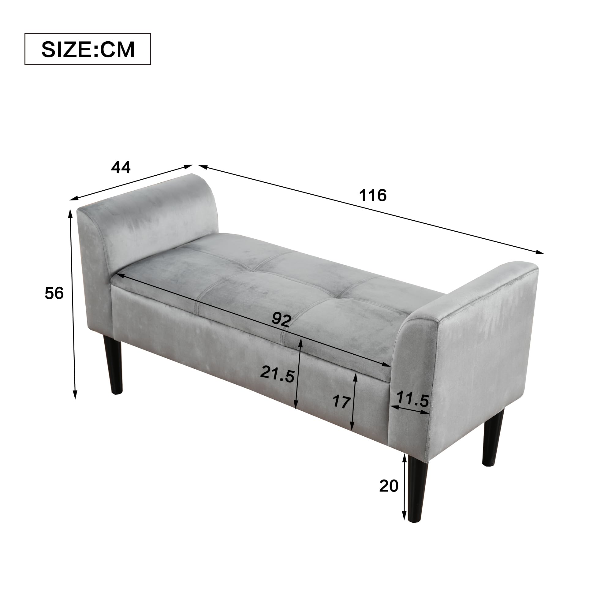 Panca Imbottita con Braccioli in Velluto, Bettbank con Steppmuster e Contenitore, MDF, Multiuso per Camera da Letto, Pianoforte ed Esszimmer, Grigio, 116 x 44 x 56 cm