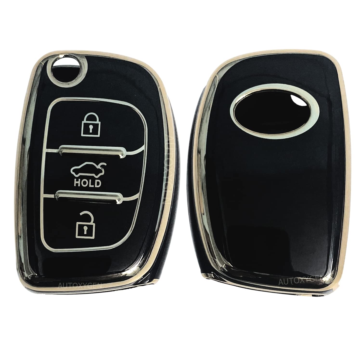 Autoxygen TPU Remote Key Cover Accessories For Creta/i20 elite/Active/Grand i10/New Verna/Xcent/Nios For Flip Key (Black & Golden)