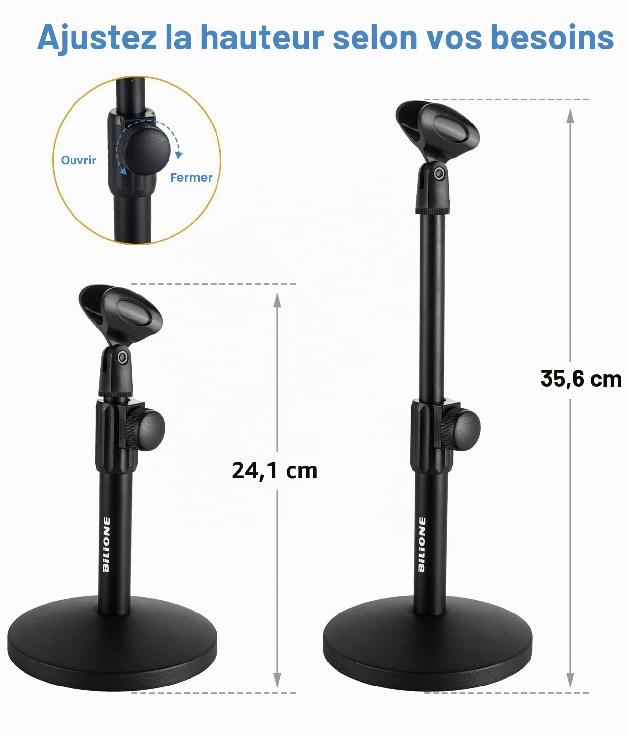 BILIONE Support de microphone de bureau amélioré, support de micro réglable avec filtre anti-pop, support antichoc, clip de microphone, adaptateur à vis en métal de 1,5 cm à 9,5 mm